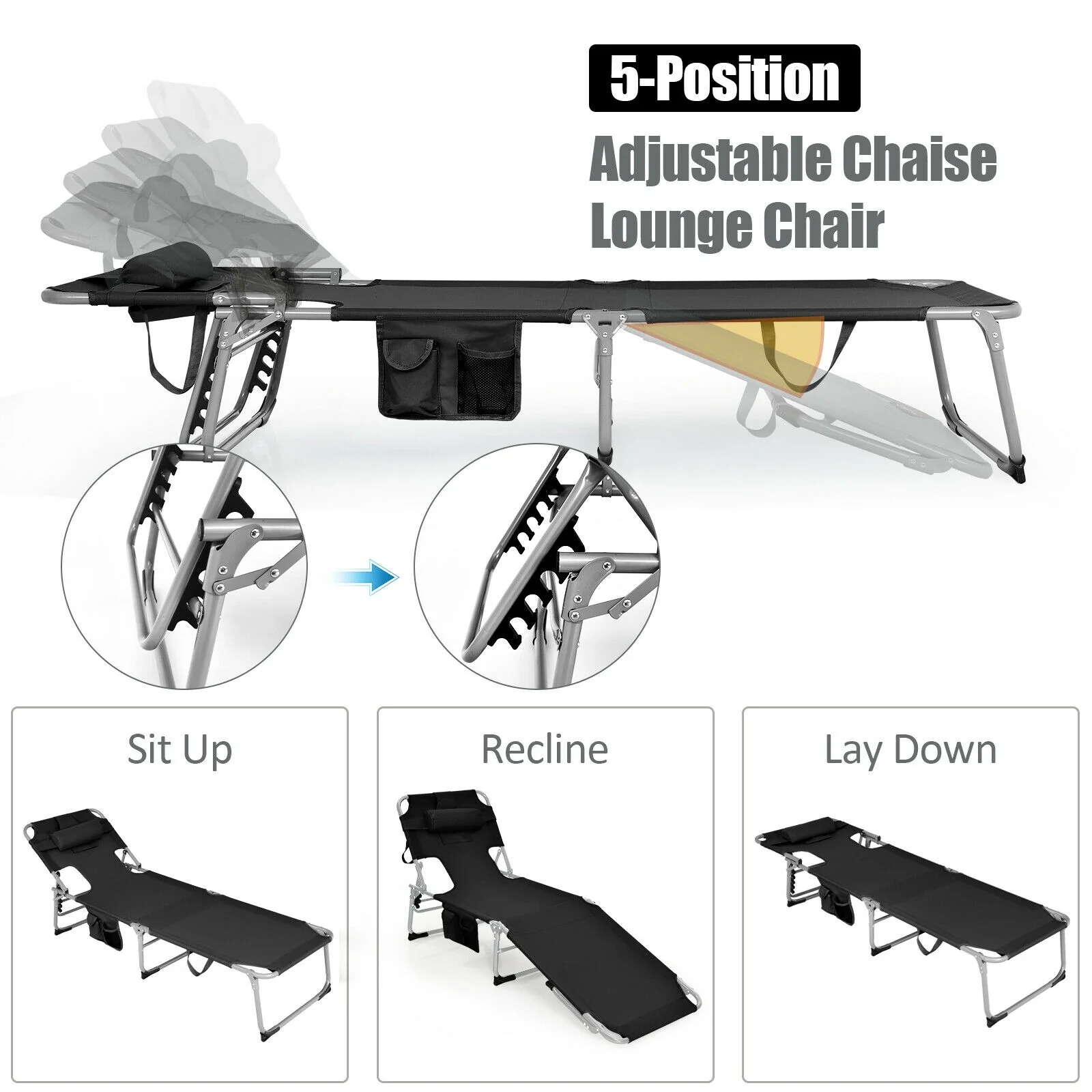 Folding Beach Lounge Chair With Pillow, Black - Image 8