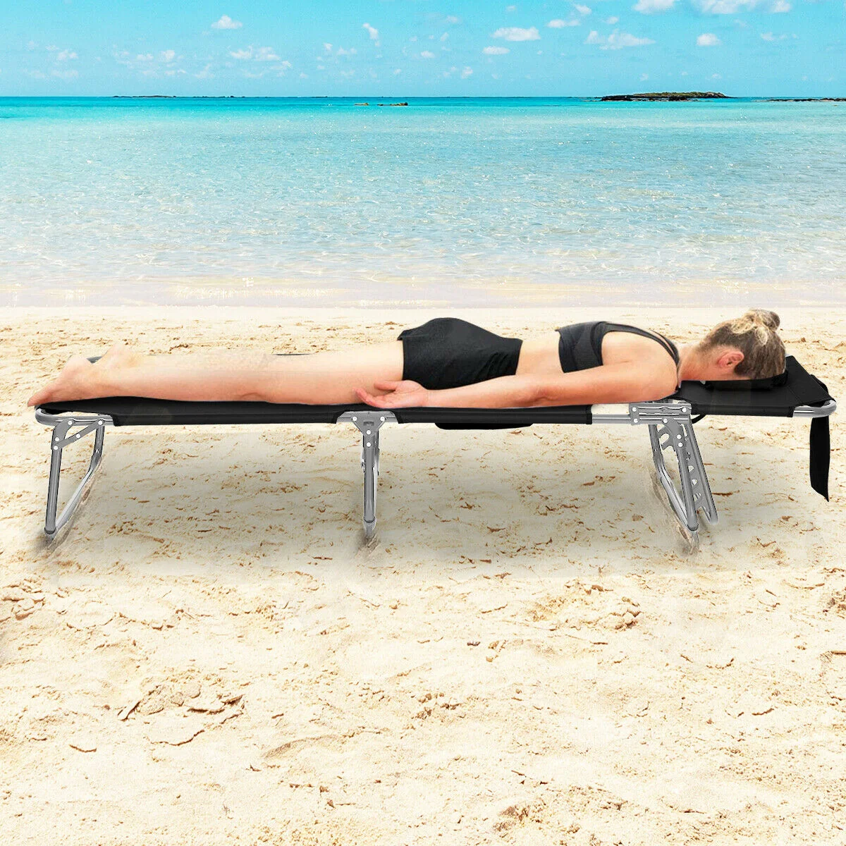 Folding Beach Lounge Chair With Pillow, Black - Image 9