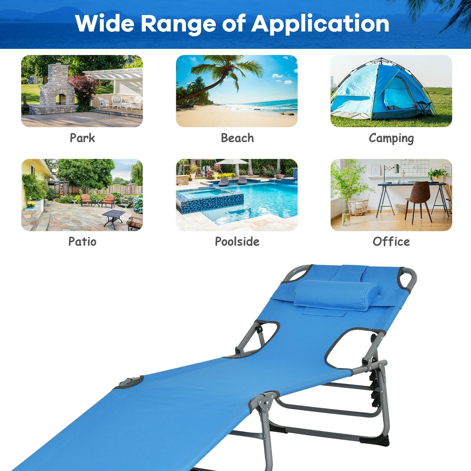 Folding Beach Lounge Chair With Pillow, Blue - Image 10