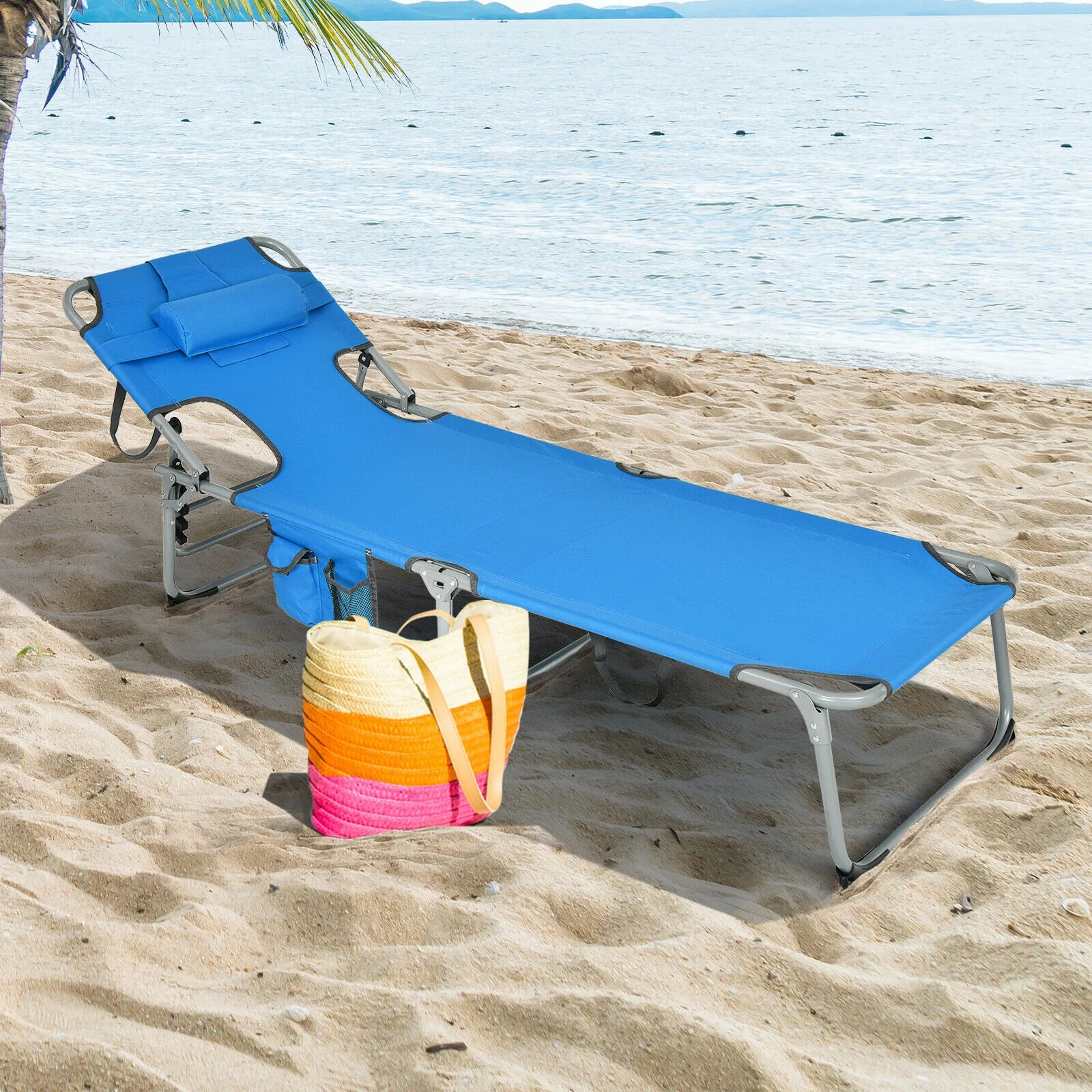 Folding Beach Lounge Chair With Pillow, Blue - Image 2