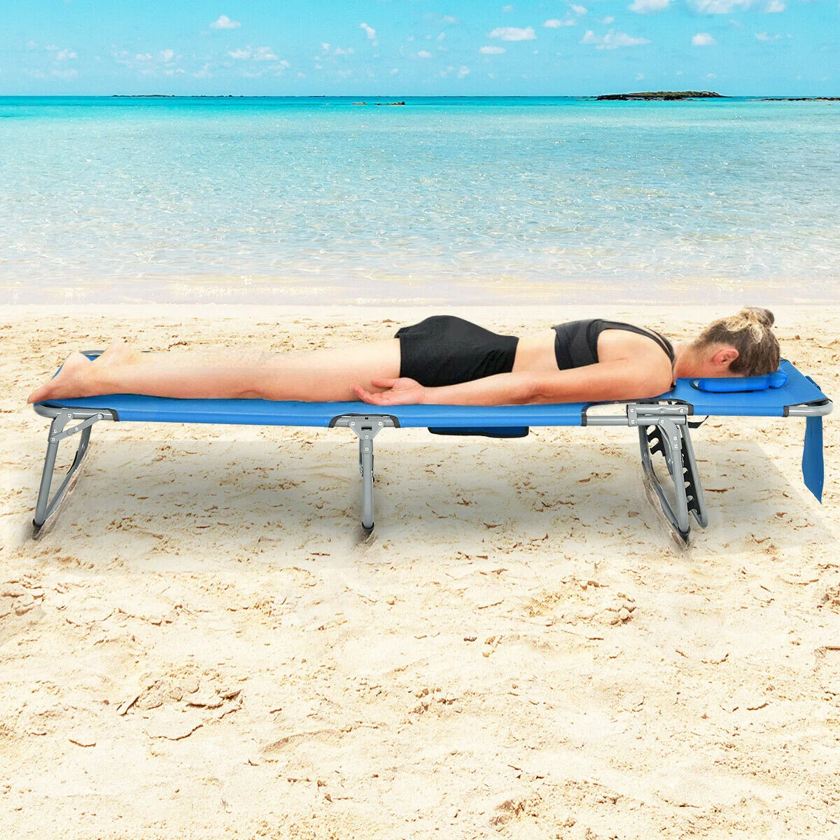 Folding Beach Lounge Chair With Pillow, Blue - Image 3