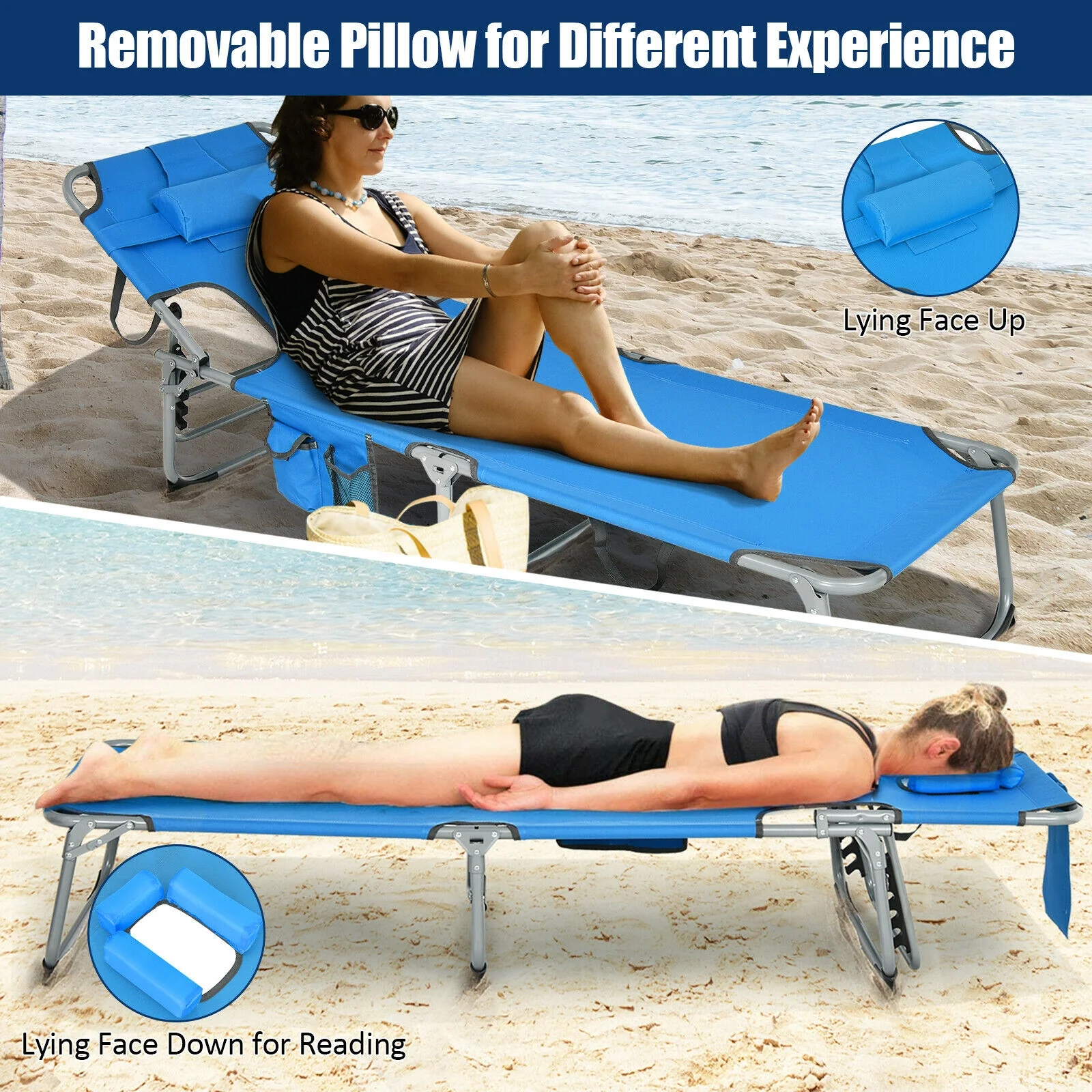Folding Beach Lounge Chair With Pillow, Blue - Image 7
