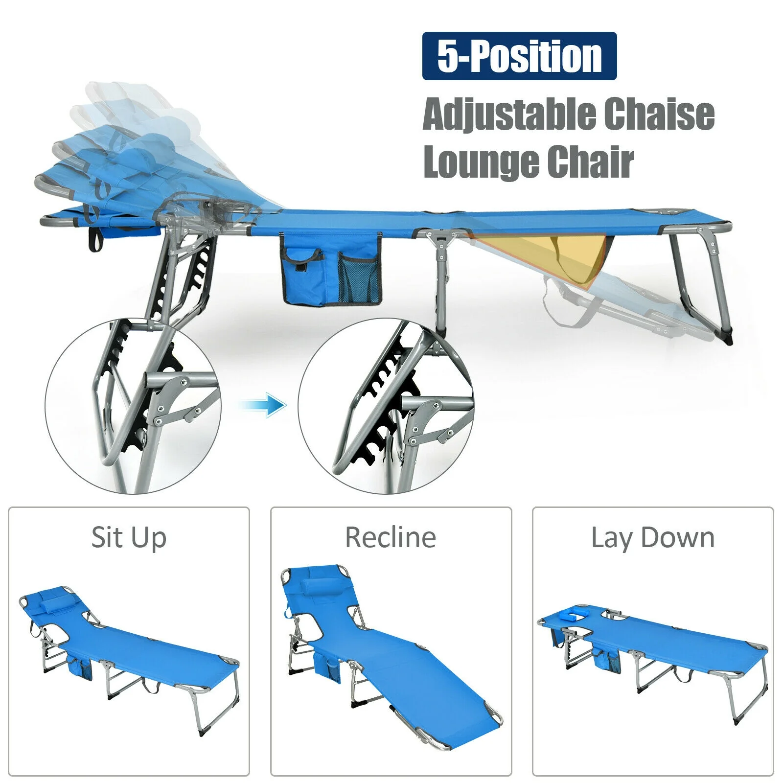 Folding Beach Lounge Chair With Pillow, Blue - Image 8