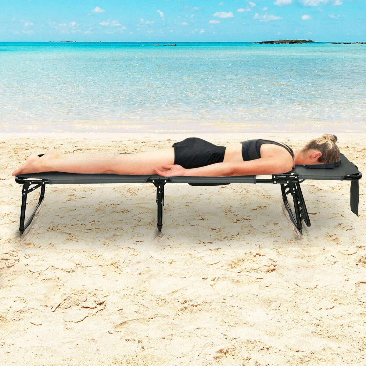 Folding Beach Lounge Chair With Pillow, Gray - Image 3