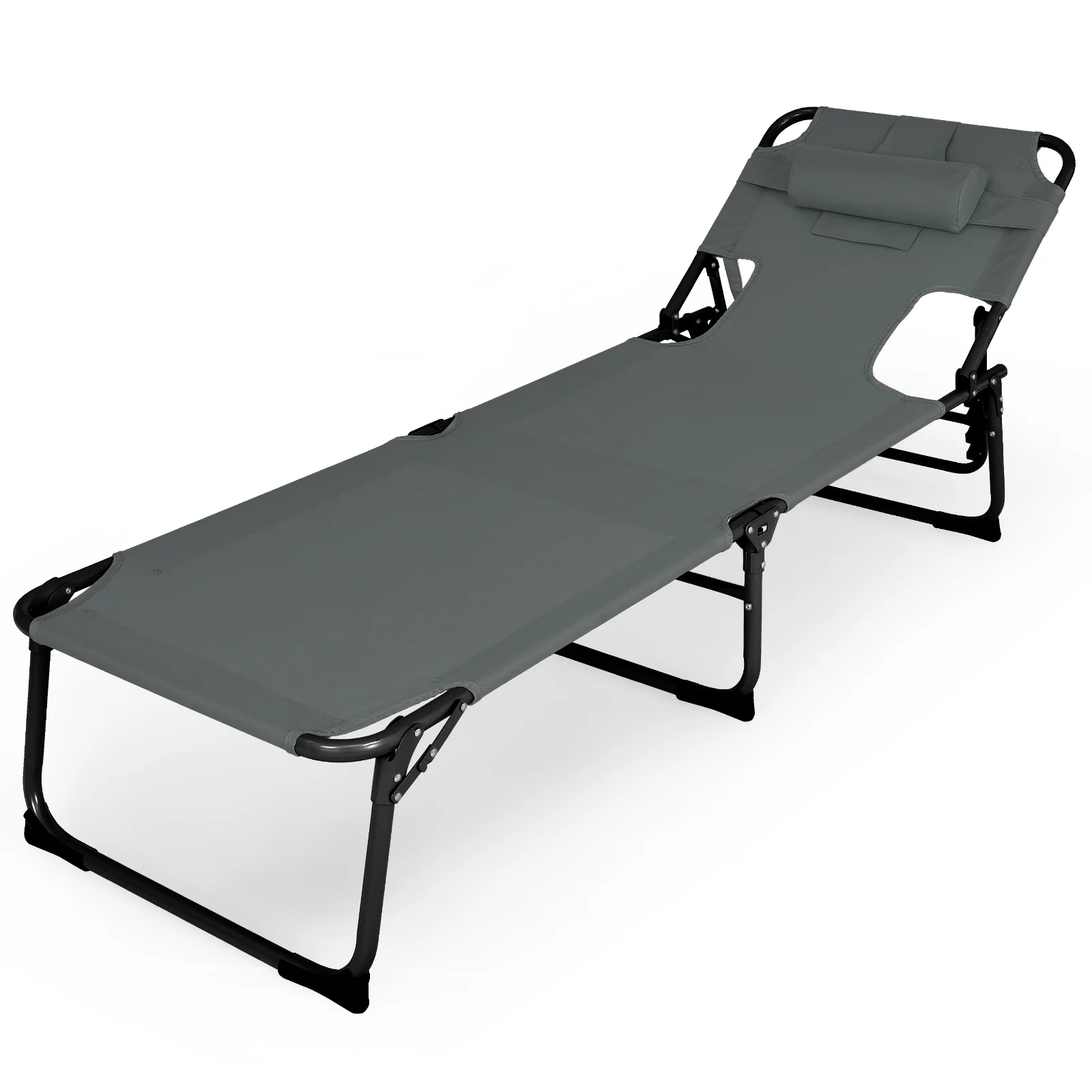 Folding Beach Lounge Chair With Pillow, Gray - Image 5