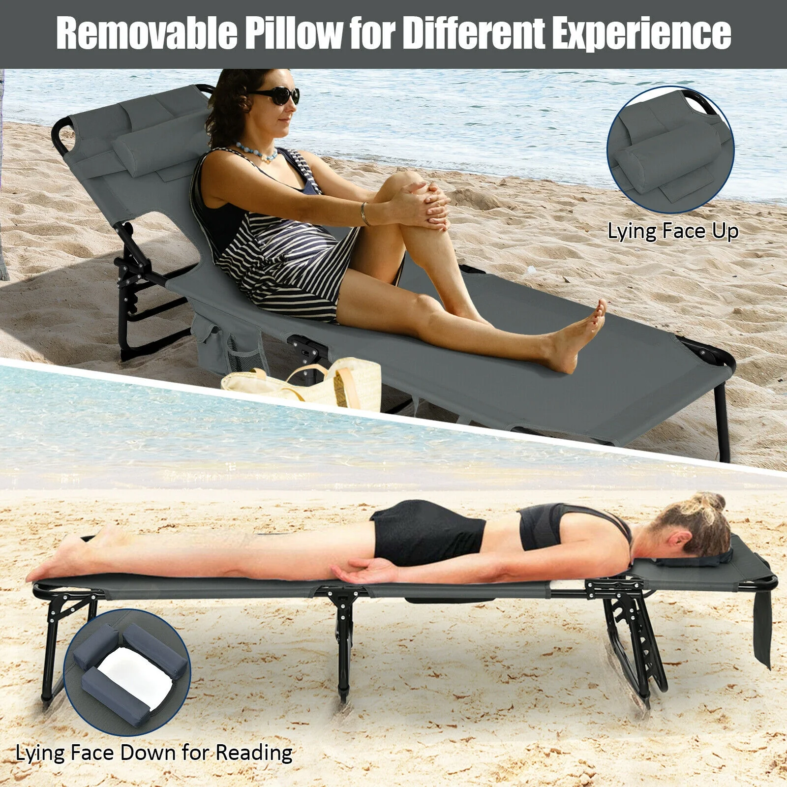 Folding Beach Lounge Chair With Pillow, Gray - Image 7