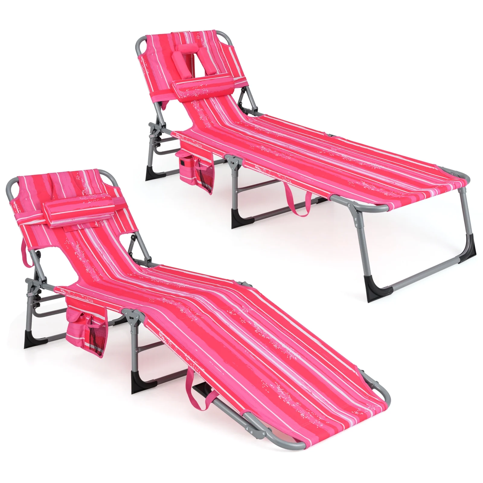 Folding Beach Lounge Chair With Pillow, Pink And White - Image 5