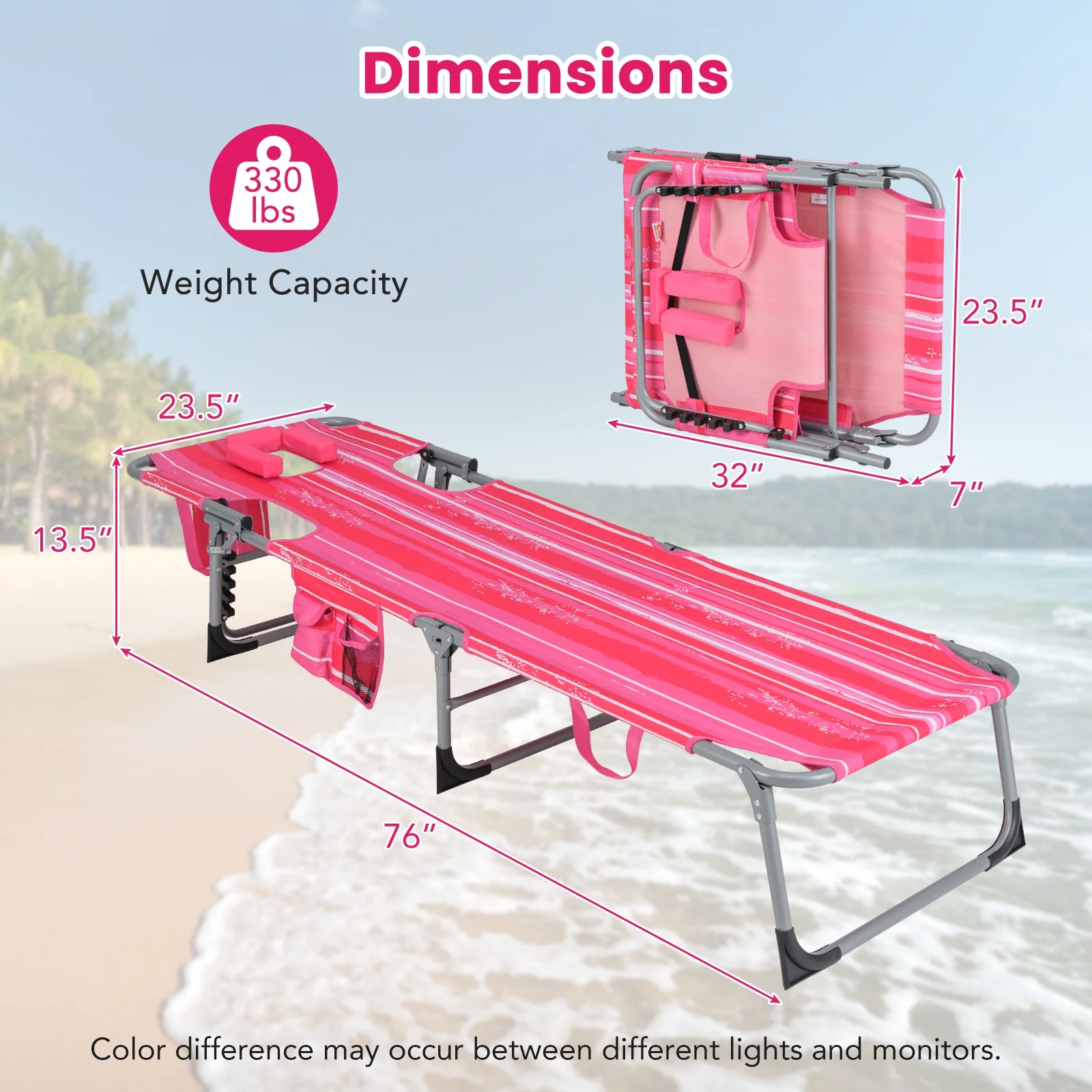 Folding Beach Lounge Chair With Pillow, Pink And White - Image 6