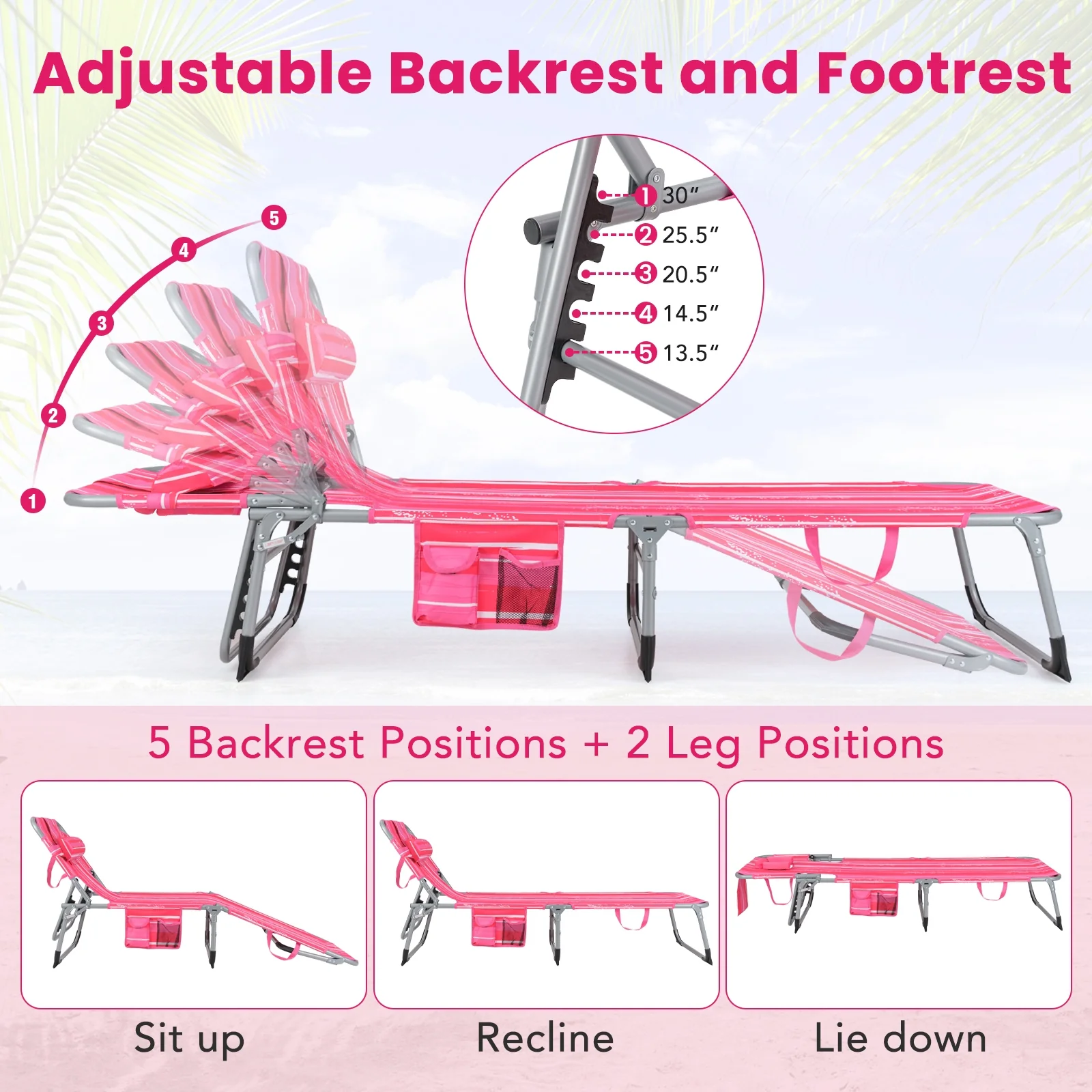 Folding Beach Lounge Chair With Pillow, Pink And White - Image 9