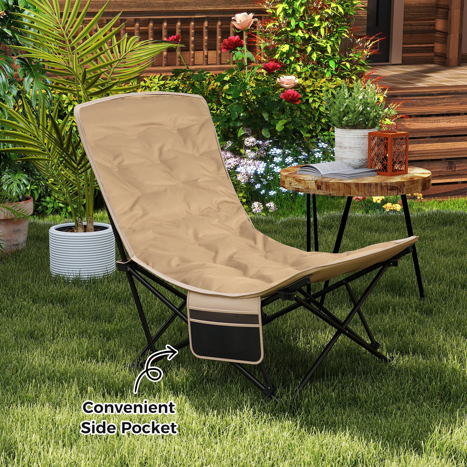 Folding Camping Chair for Adults with Adjustable Backrest and Carrying Bag, Khaki - Image 2