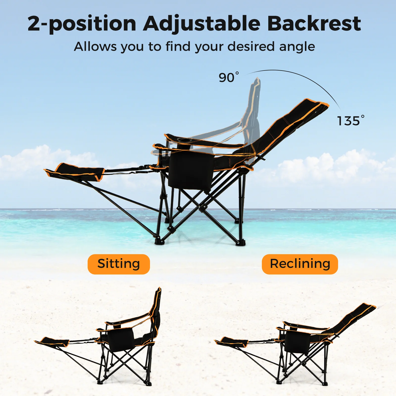 Folding Camping Chair With Footrest, Includes Carry Bag, Black - Image 7