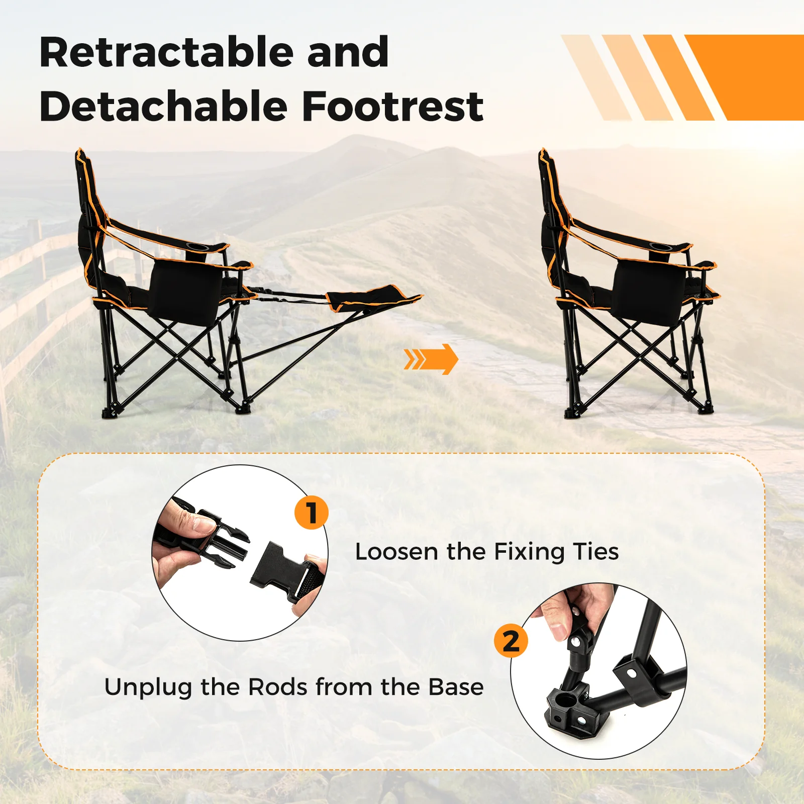 Folding Camping Chair With Footrest, Includes Carry Bag, Black - Image 8
