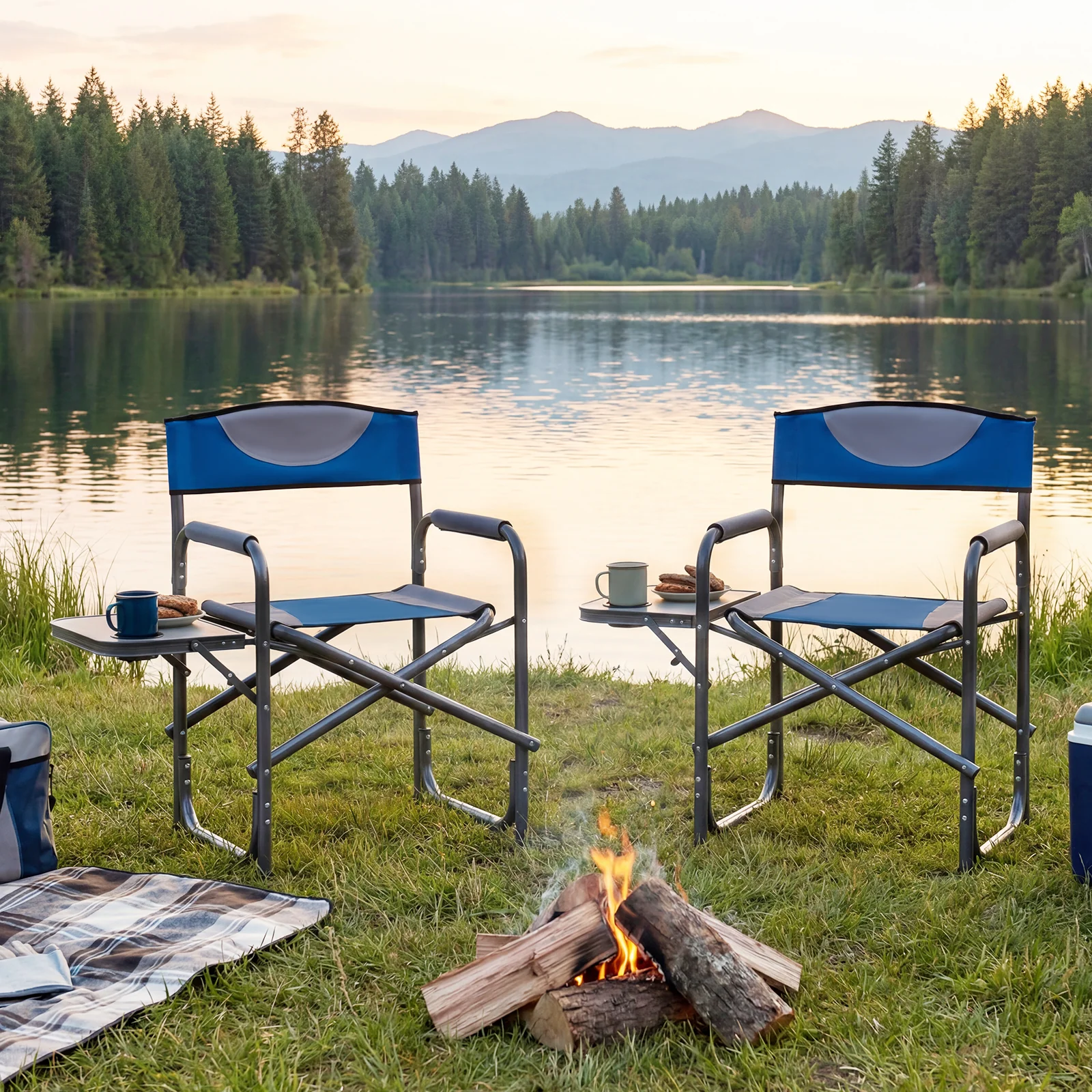 Folding Camping Chair With Side Table, Blue - Image 2