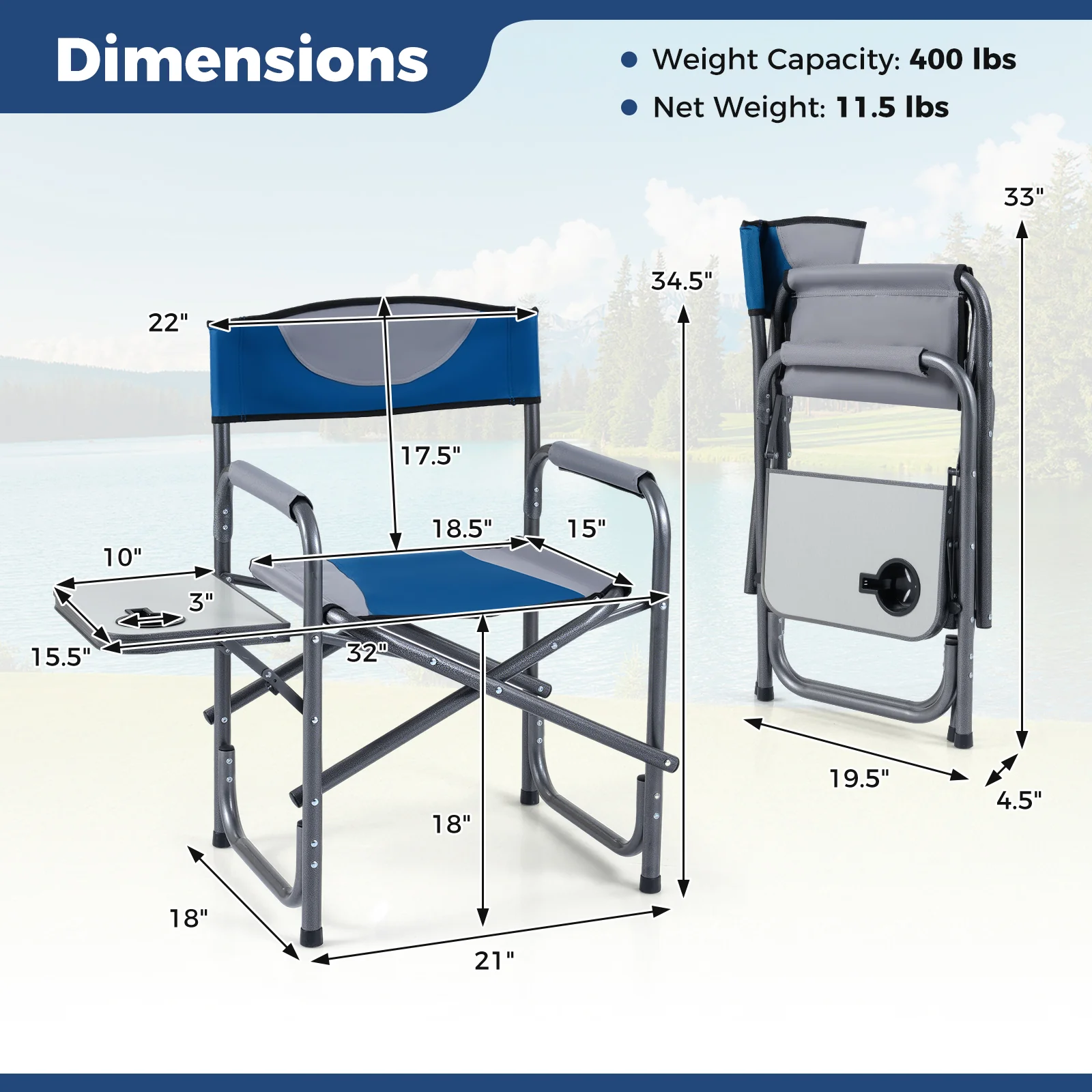 Folding Camping Chair With Side Table, Blue - Image 5