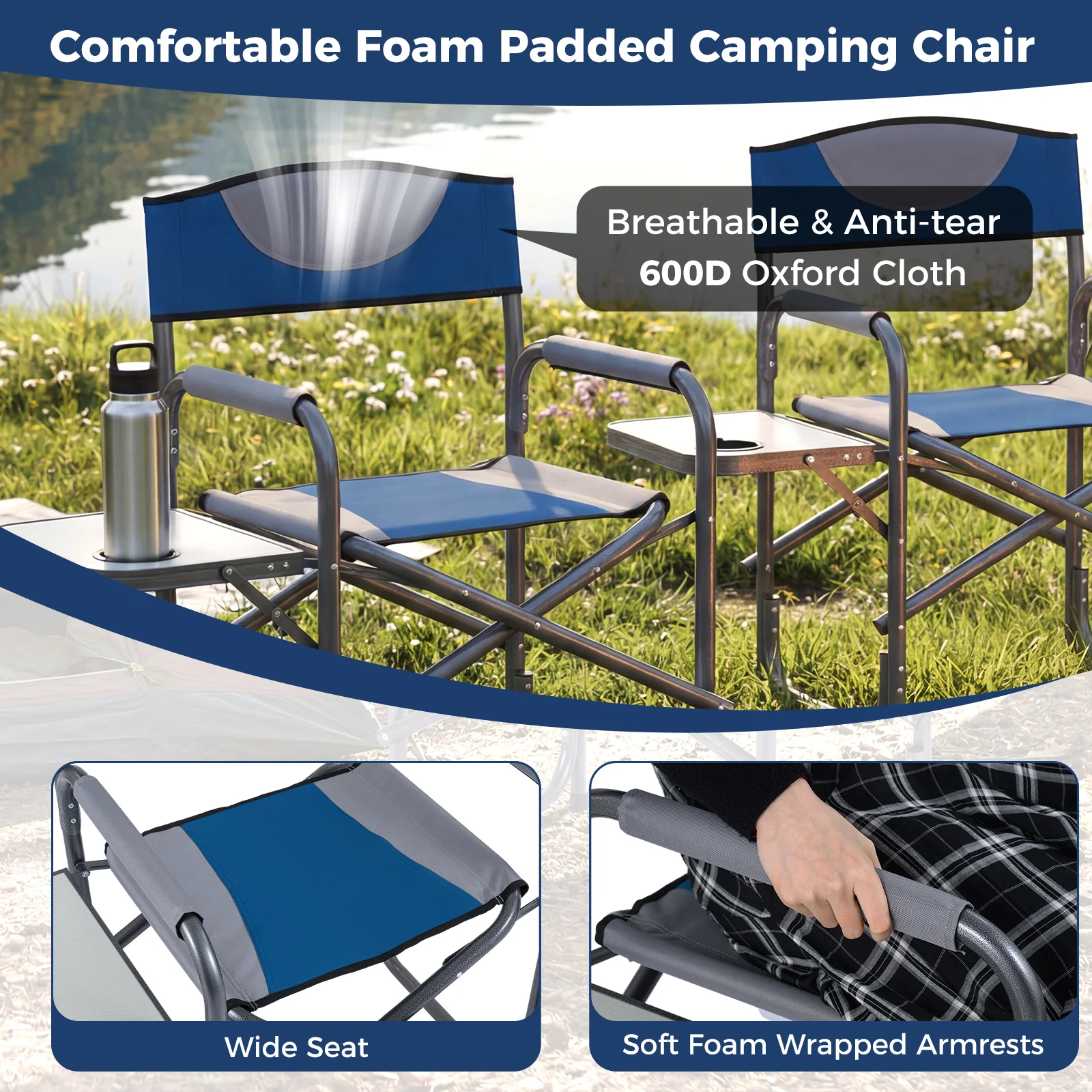 Folding Camping Chair With Side Table, Blue - Image 7