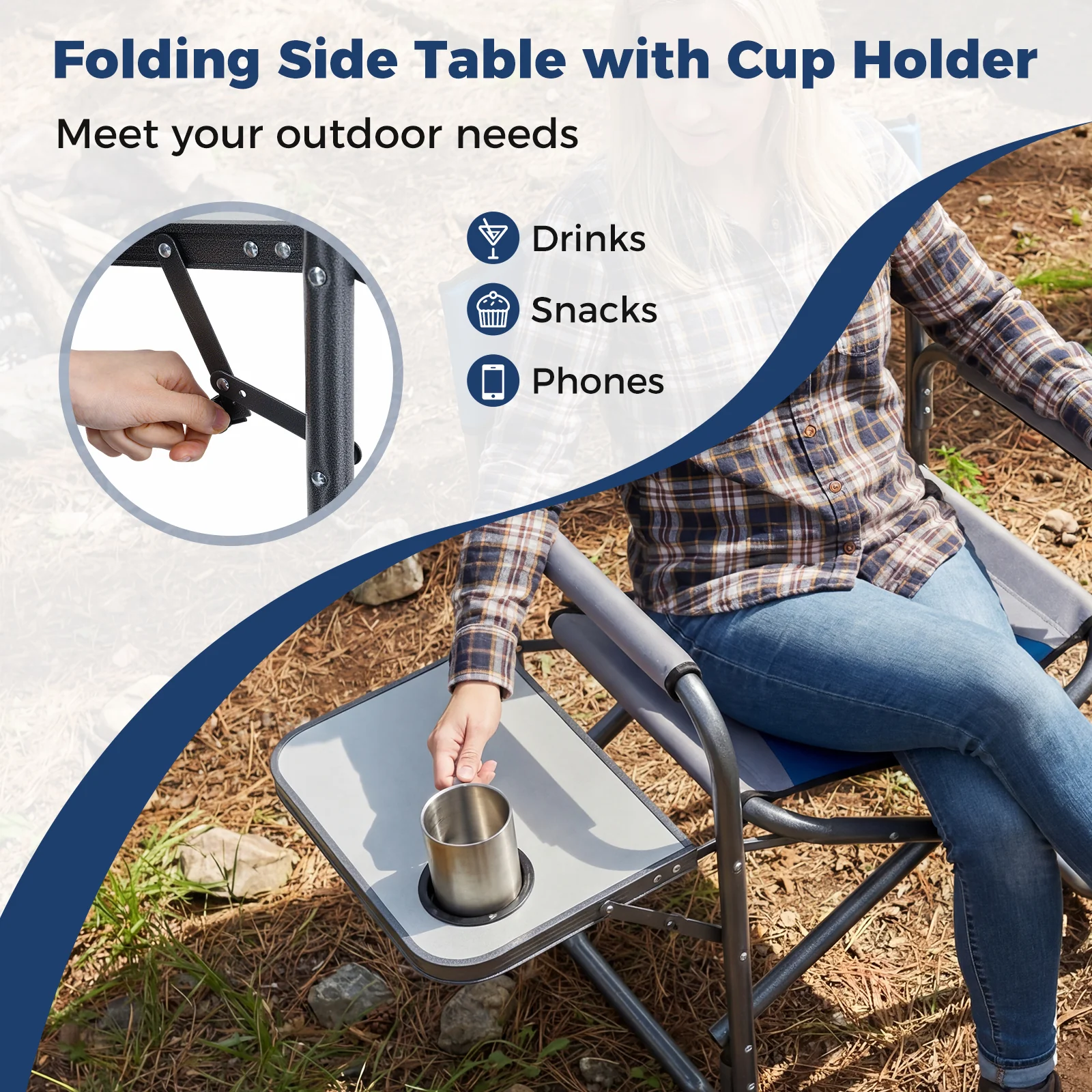 Folding Camping Chair With Side Table, Blue - Image 8