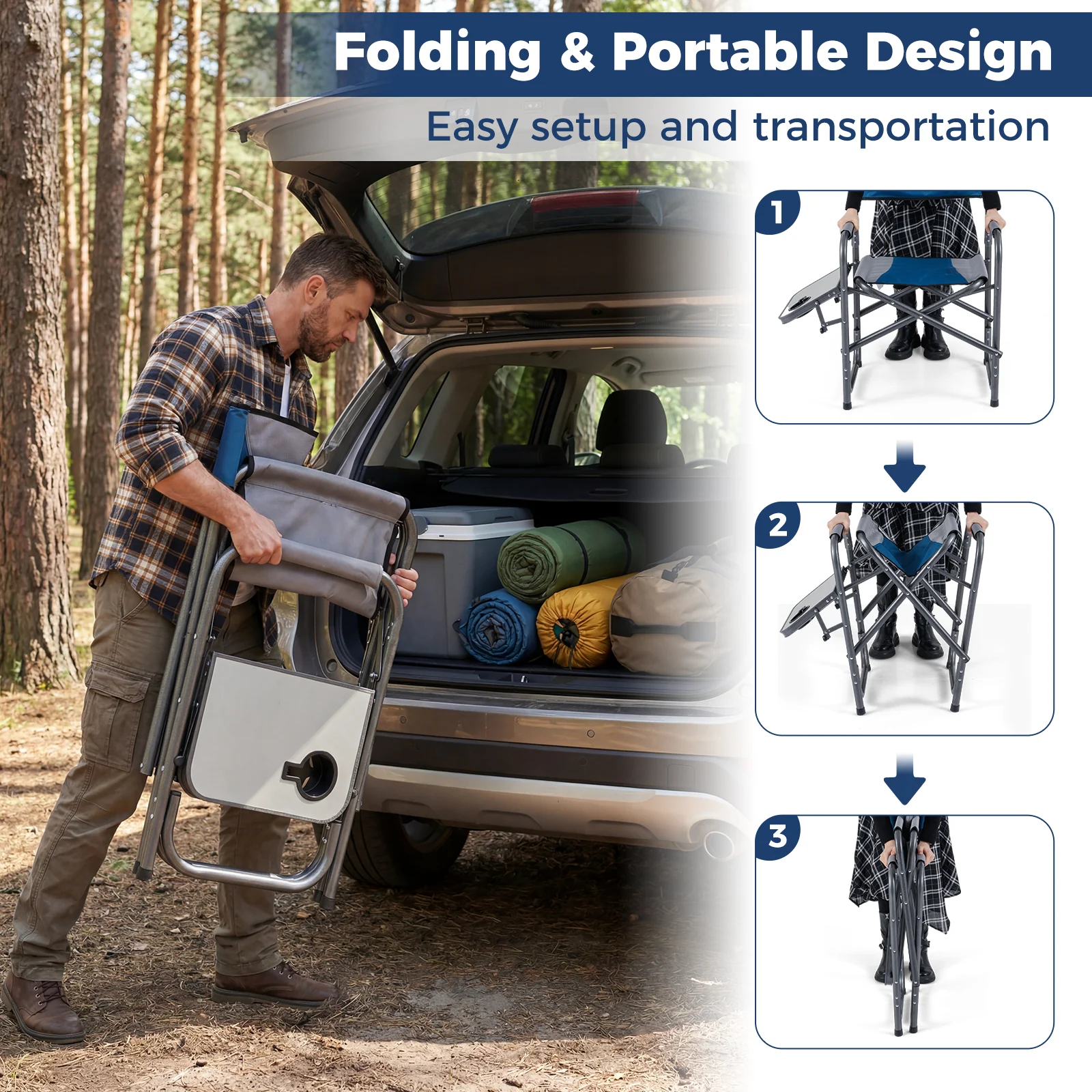 Folding Camping Chair With Side Table, Blue - Image 9