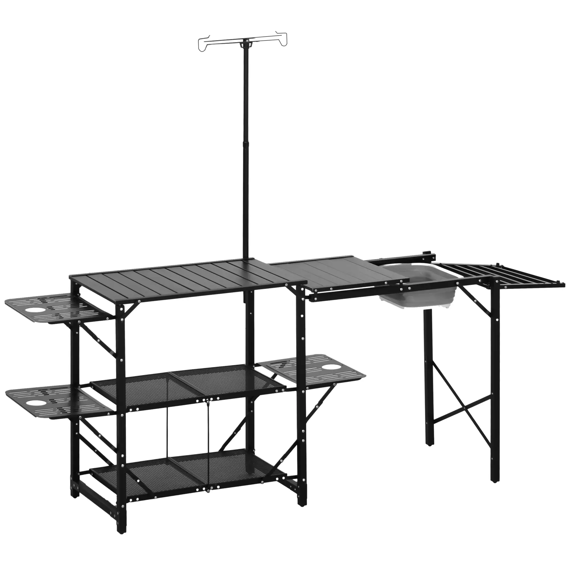 Folding Camping Kitchen, Portable Aluminum Cook Station, 3 Side Tables, 2 Shelves, Black - Image 11