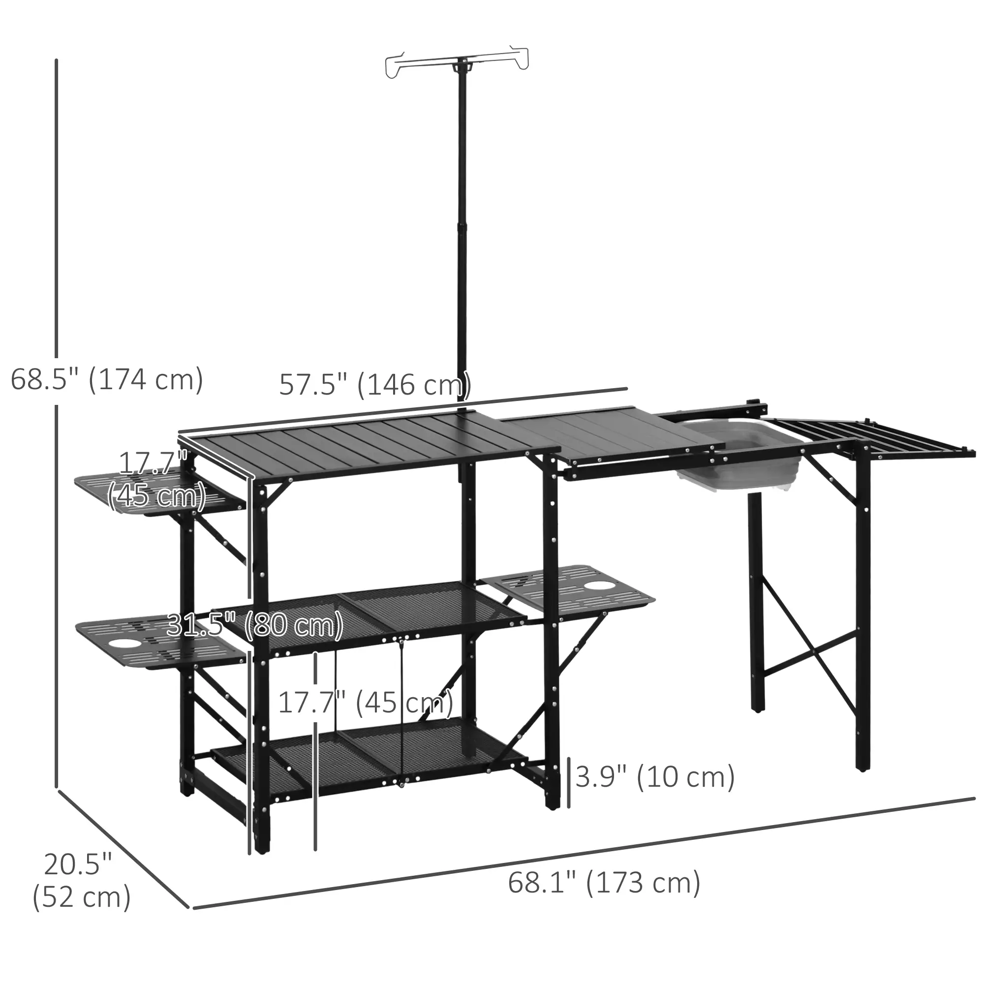 Folding Camping Kitchen, Portable Aluminum Cook Station, 3 Side Tables, 2 Shelves, Black - Image 3