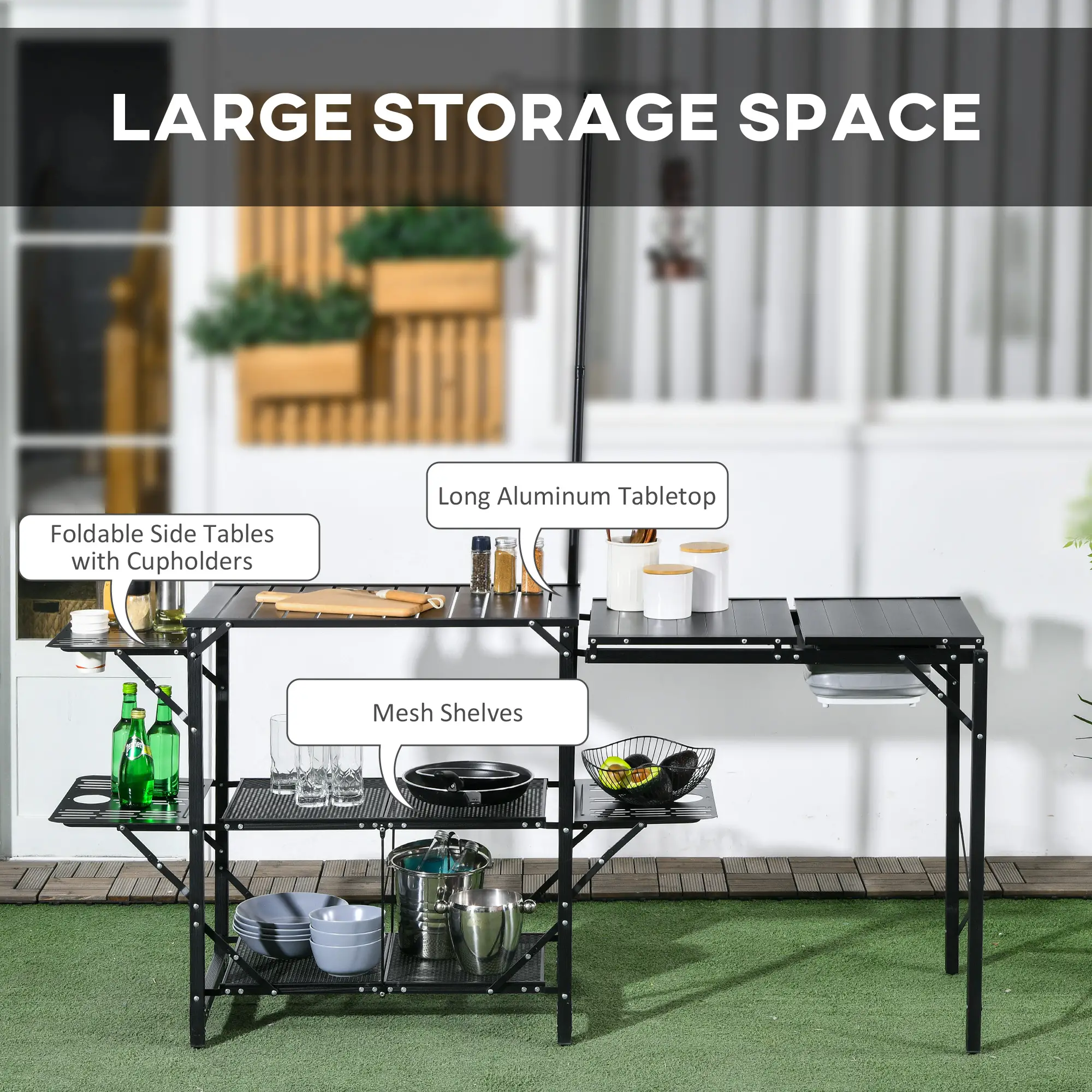 Folding Camping Kitchen, Portable Aluminum Cook Station, 3 Side Tables, 2 Shelves, Black - Image 4