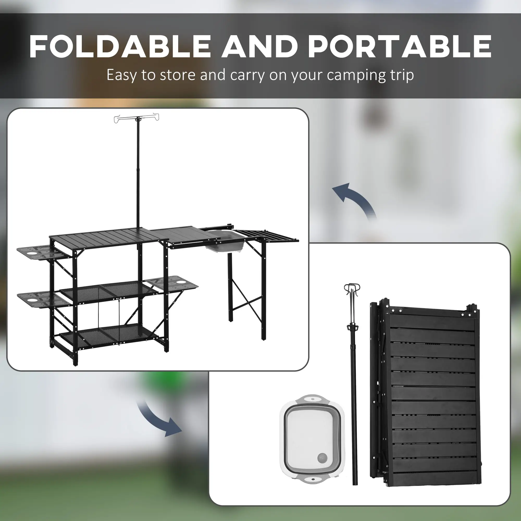 Folding Camping Kitchen, Portable Aluminum Cook Station, 3 Side Tables, 2 Shelves, Black - Image 6