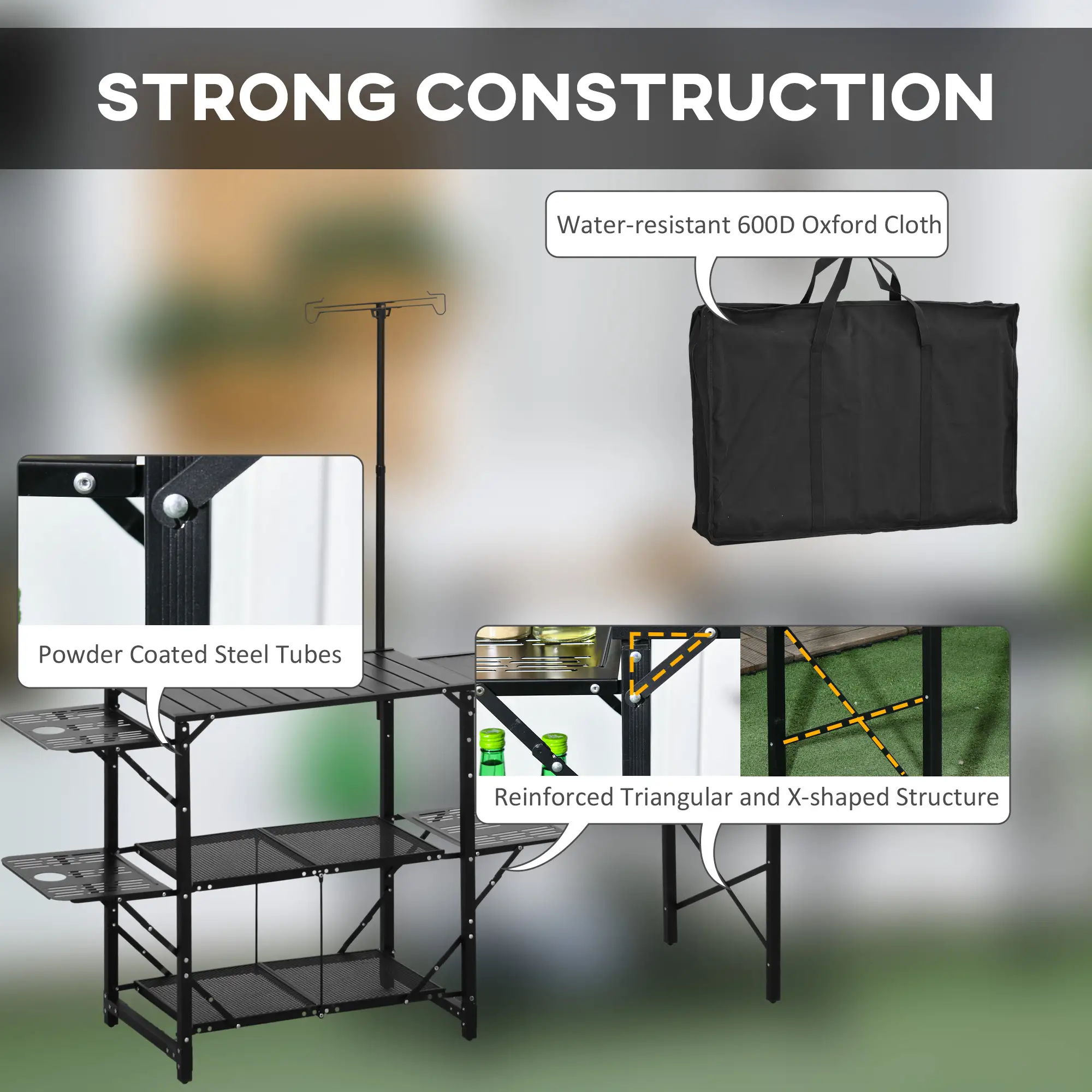 Folding Camping Kitchen, Portable Aluminum Cook Station, 3 Side Tables, 2 Shelves, Black - Image 7
