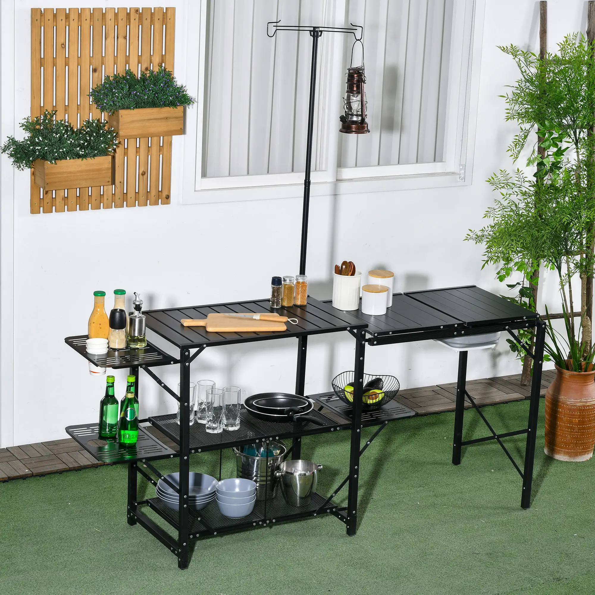 Folding Camping Kitchen, Portable Aluminum Cook Station, 3 Side Tables, 2 Shelves, Black - Image 8