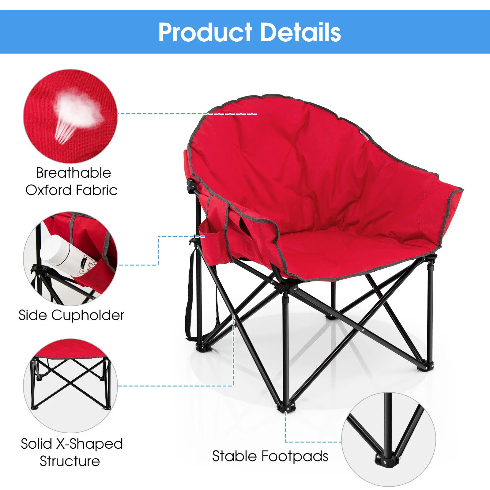 Folding Camping Moon Padded Chair With Carrying Bag, Red - Image 10