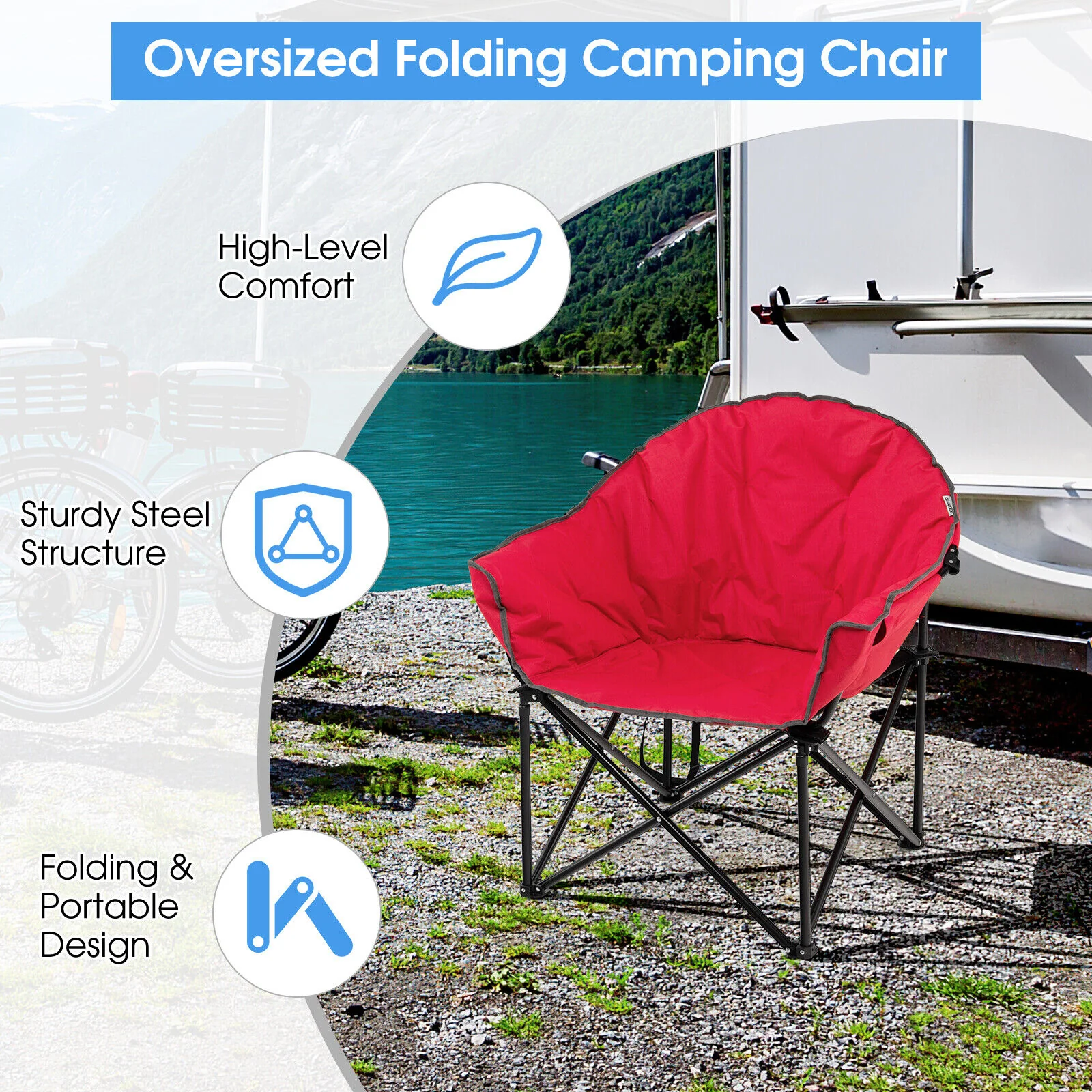 Folding Camping Moon Padded Chair With Carrying Bag, Red - Image 4