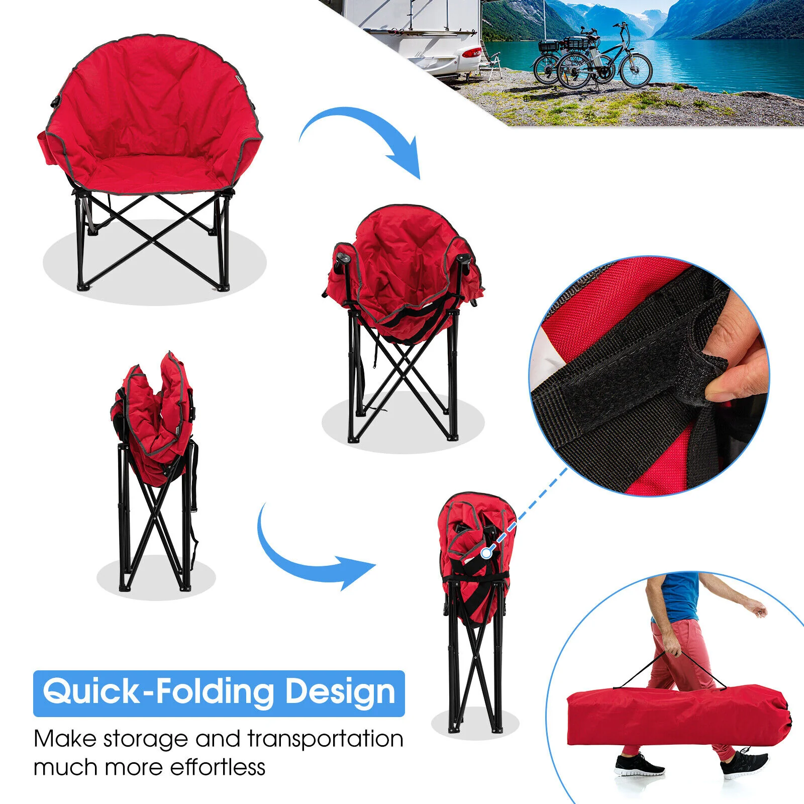 Folding Camping Moon Padded Chair With Carrying Bag, Red - Image 8