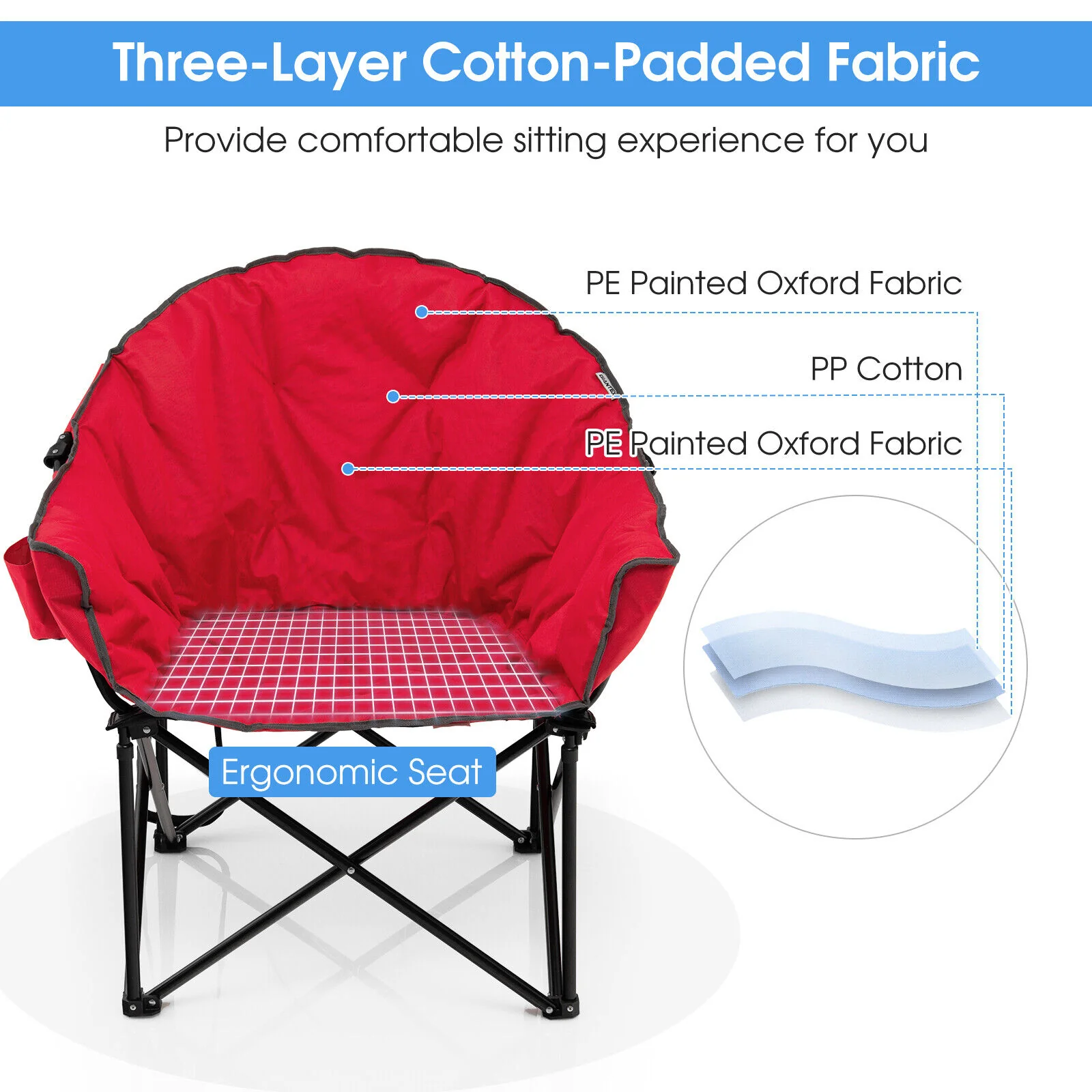 Folding Camping Moon Padded Chair With Carrying Bag, Red - Image 9