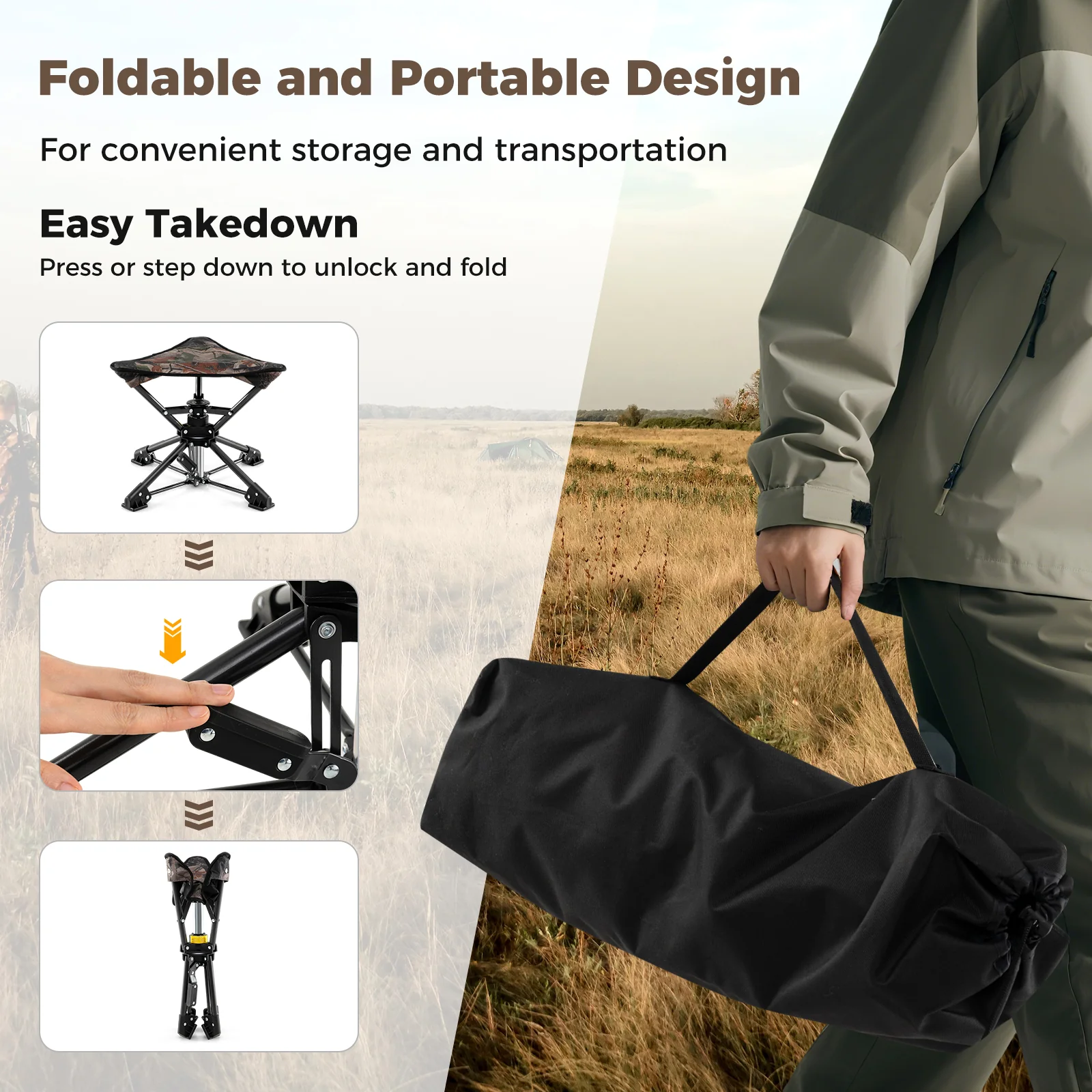 Folding Camping Stool, 360° Swivel Hunting Chair, Camouflage - Image 10