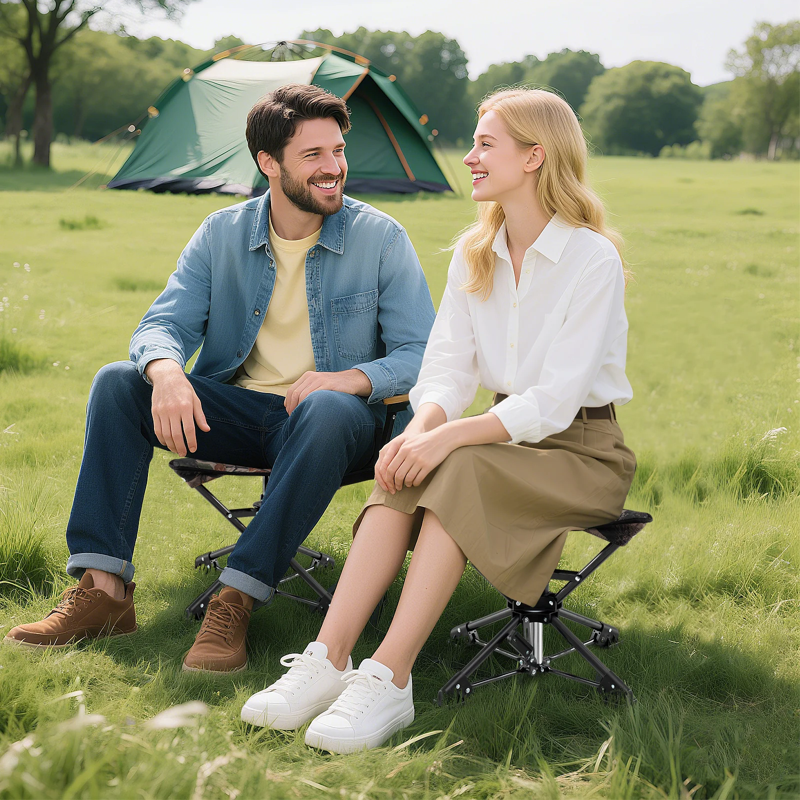 Folding Camping Stool, 360° Swivel Hunting Chair, Camouflage - Image 3