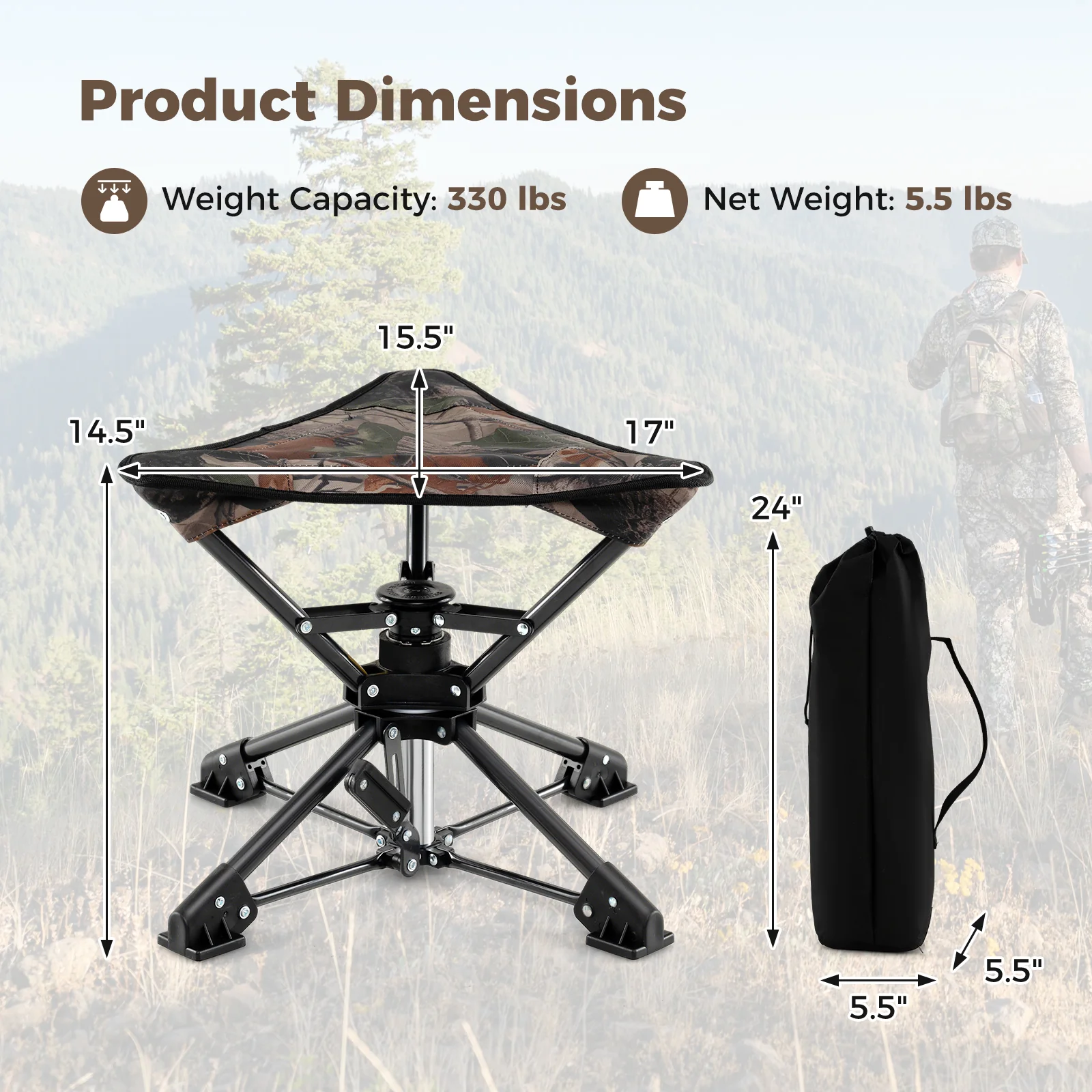 Folding Camping Stool, 360° Swivel Hunting Chair, Camouflage - Image 5