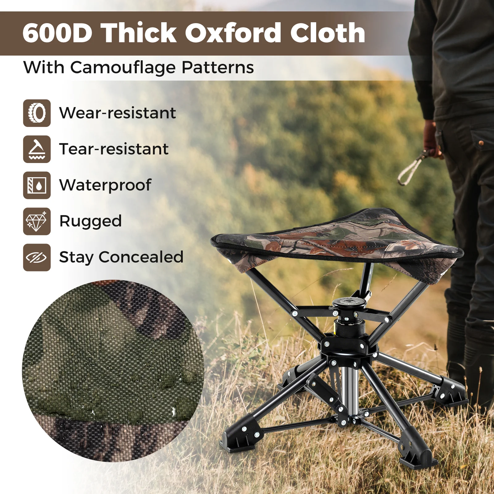 Folding Camping Stool, 360° Swivel Hunting Chair, Camouflage - Image 8