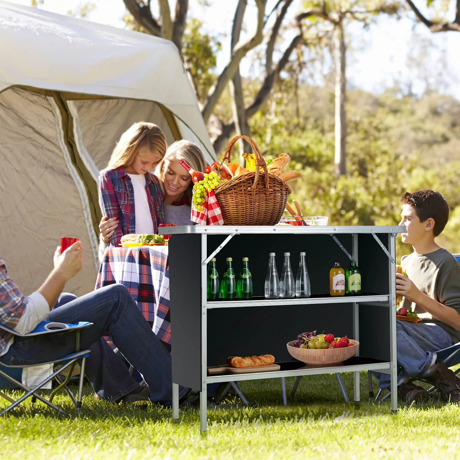 Folding Camping Table, 2-Tier Open Shelves, Outdoor BBQ, Black - Image 2