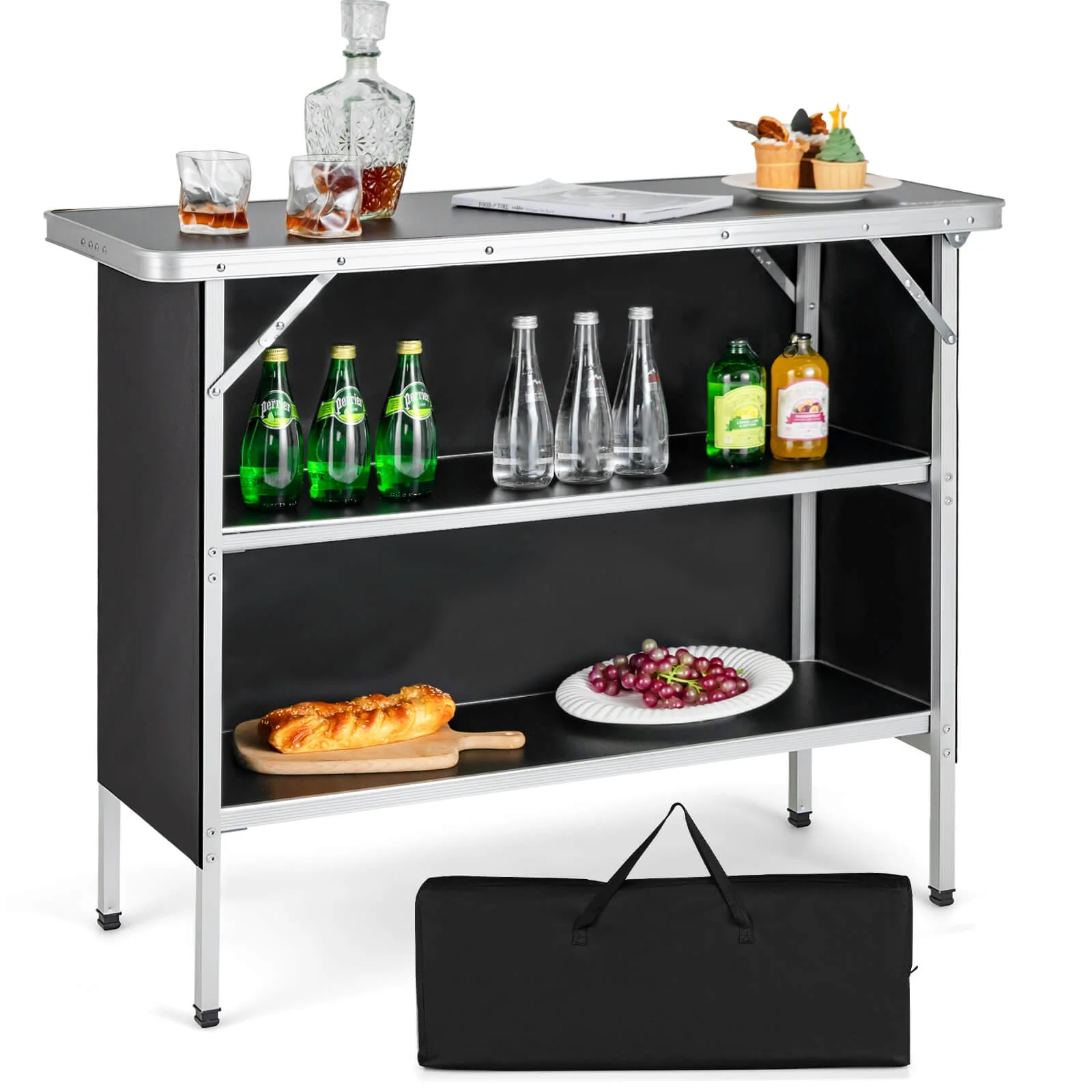 Folding Camping Table, 2-Tier Open Shelves, Outdoor BBQ, Black - Image 5