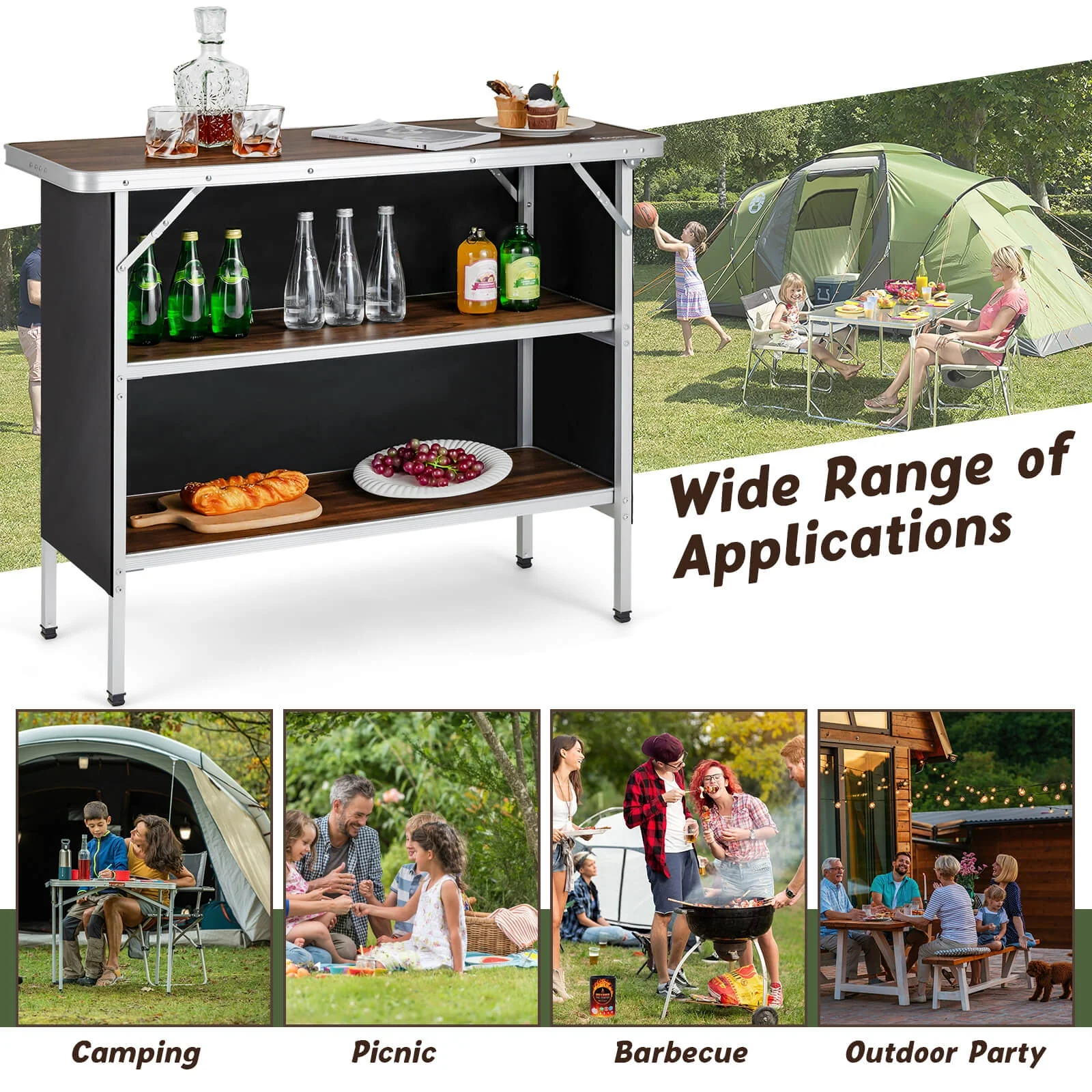 Folding Camping Table With 2-Tier Shelves, Outdoor BBQ Coffee Table - Image 10