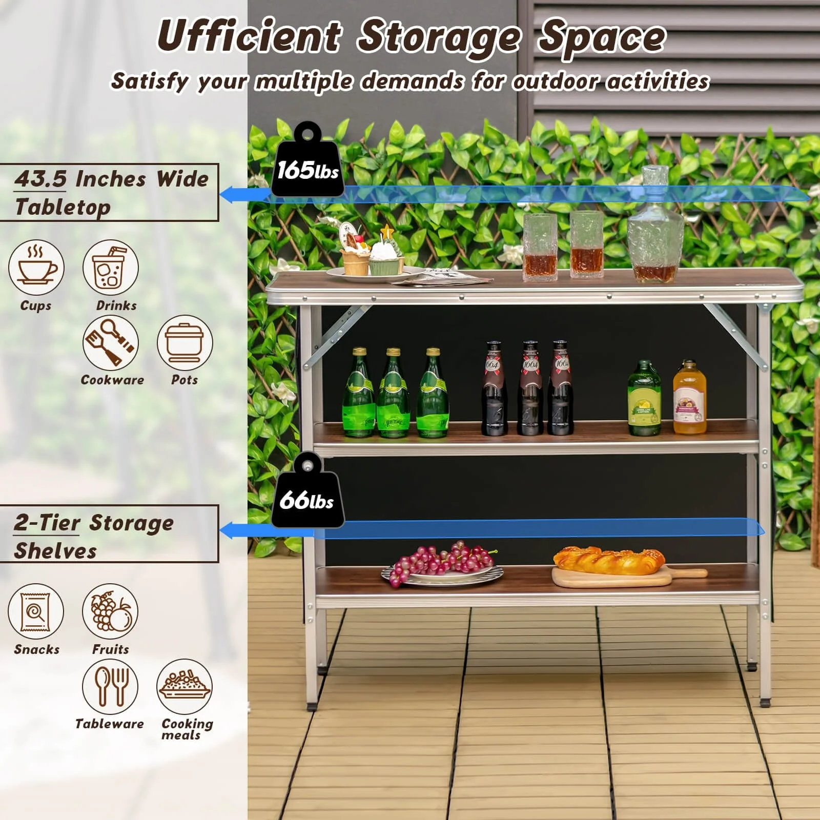 Folding Camping Table With 2-Tier Shelves, Outdoor BBQ Coffee Table - Image 4