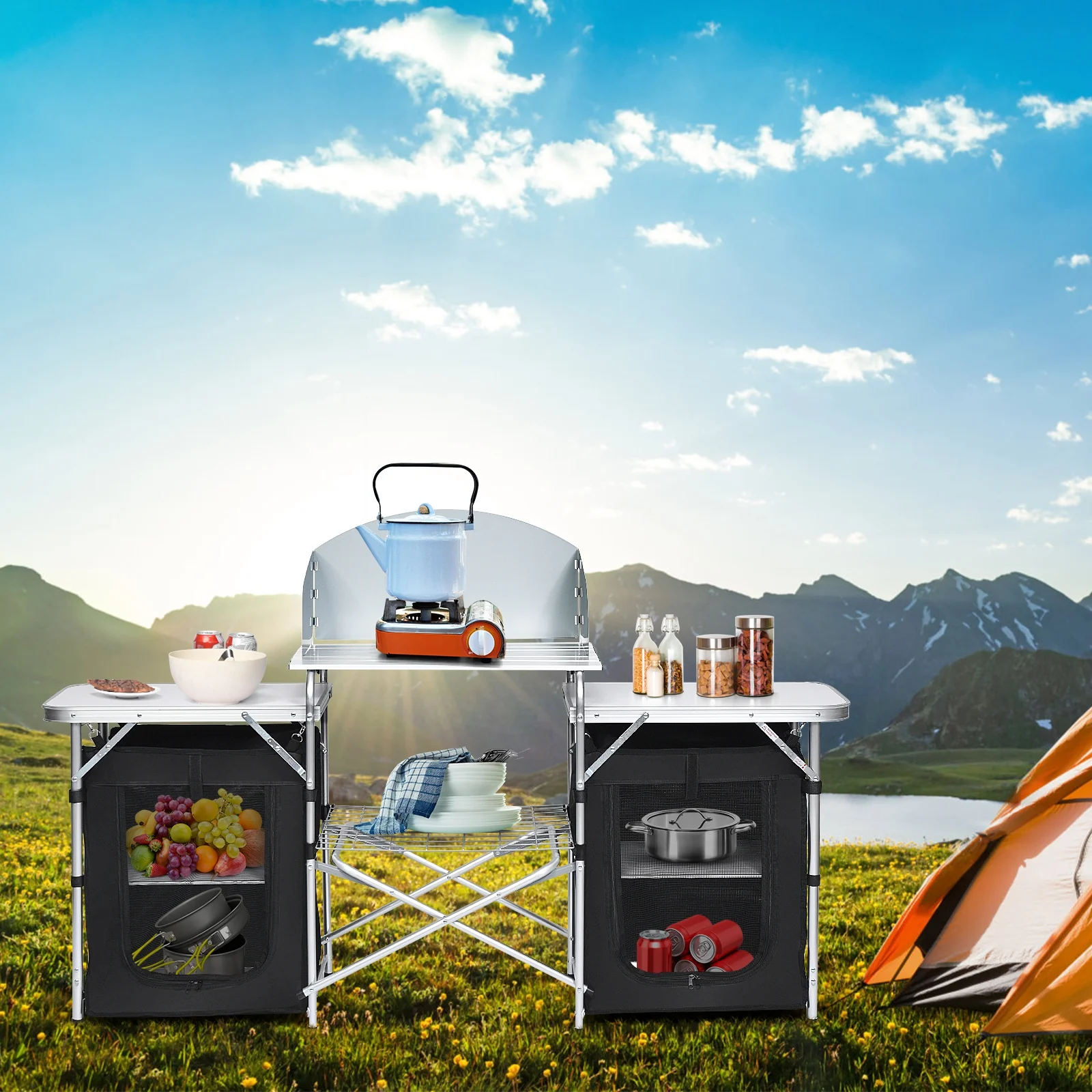 Folding Camping Table With Storage Organizer, Black - Image 2