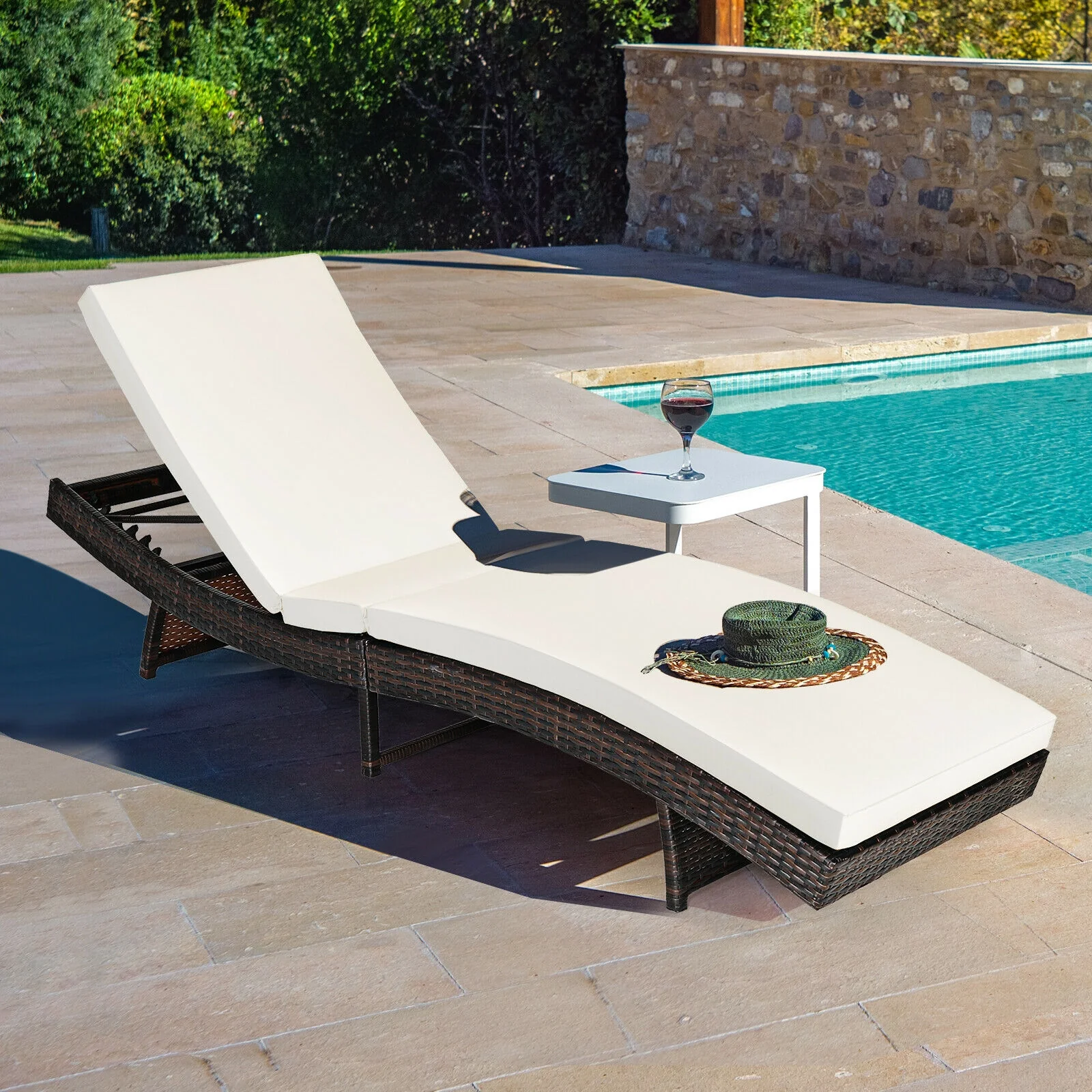 Folding Chaise Lounge, 5 Adjustable Levels With Cushion, White - Image 3