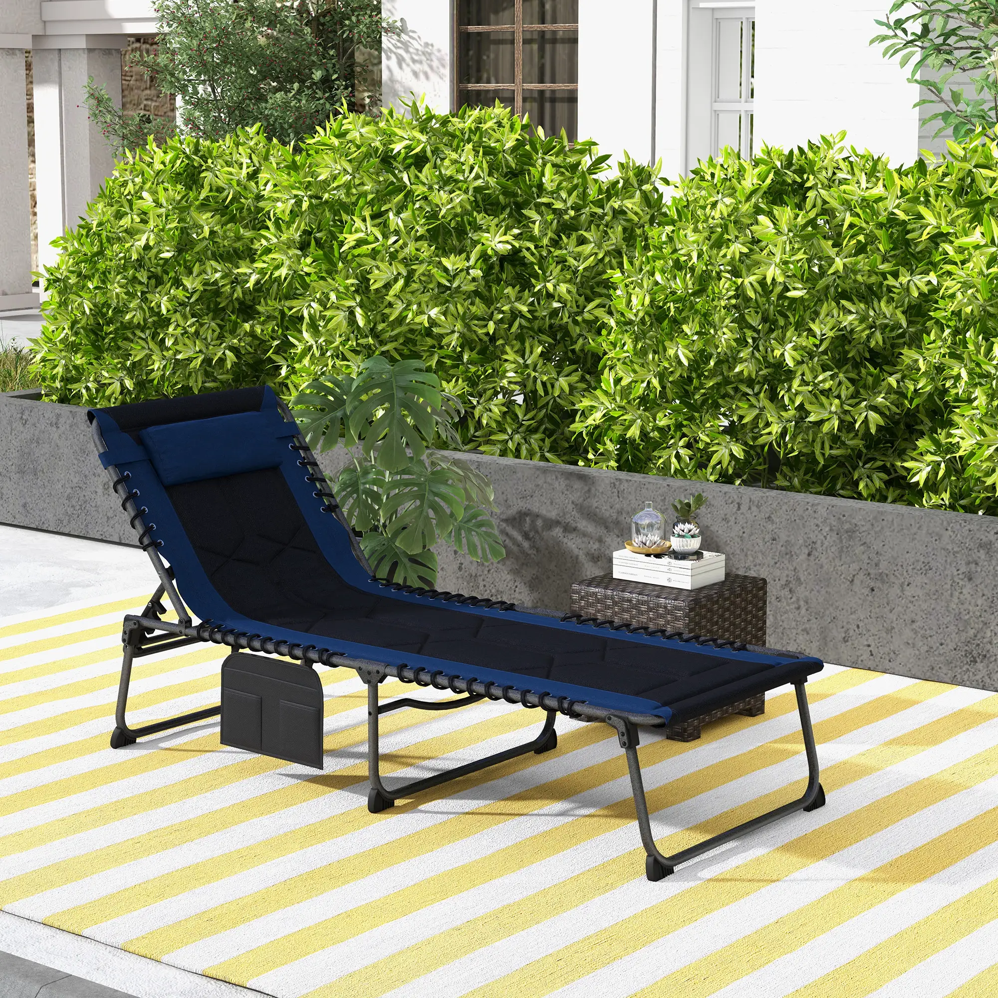 Folding Chaise Lounge, 5-Level Reclining, Outdoor Tanning Chair, Blue - Image 2