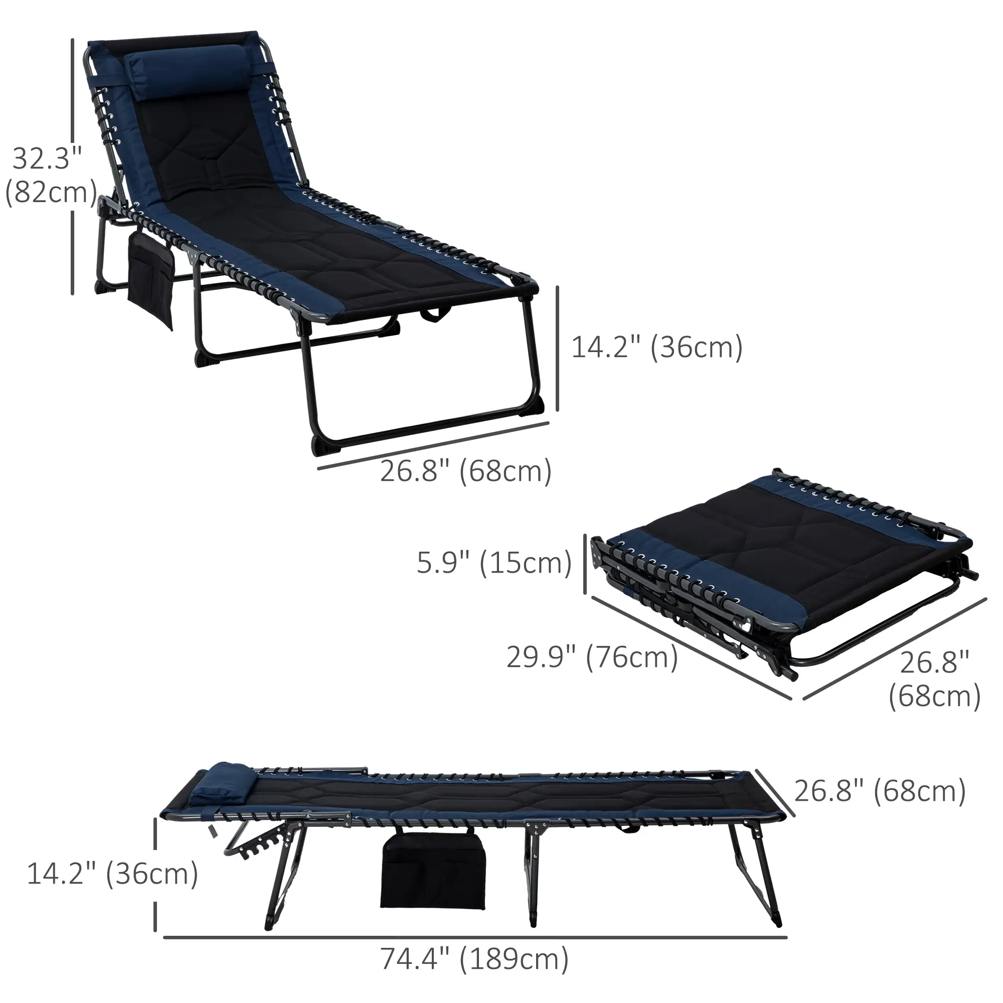 Folding Chaise Lounge, 5-Level Reclining, Outdoor Tanning Chair, Blue - Image 3