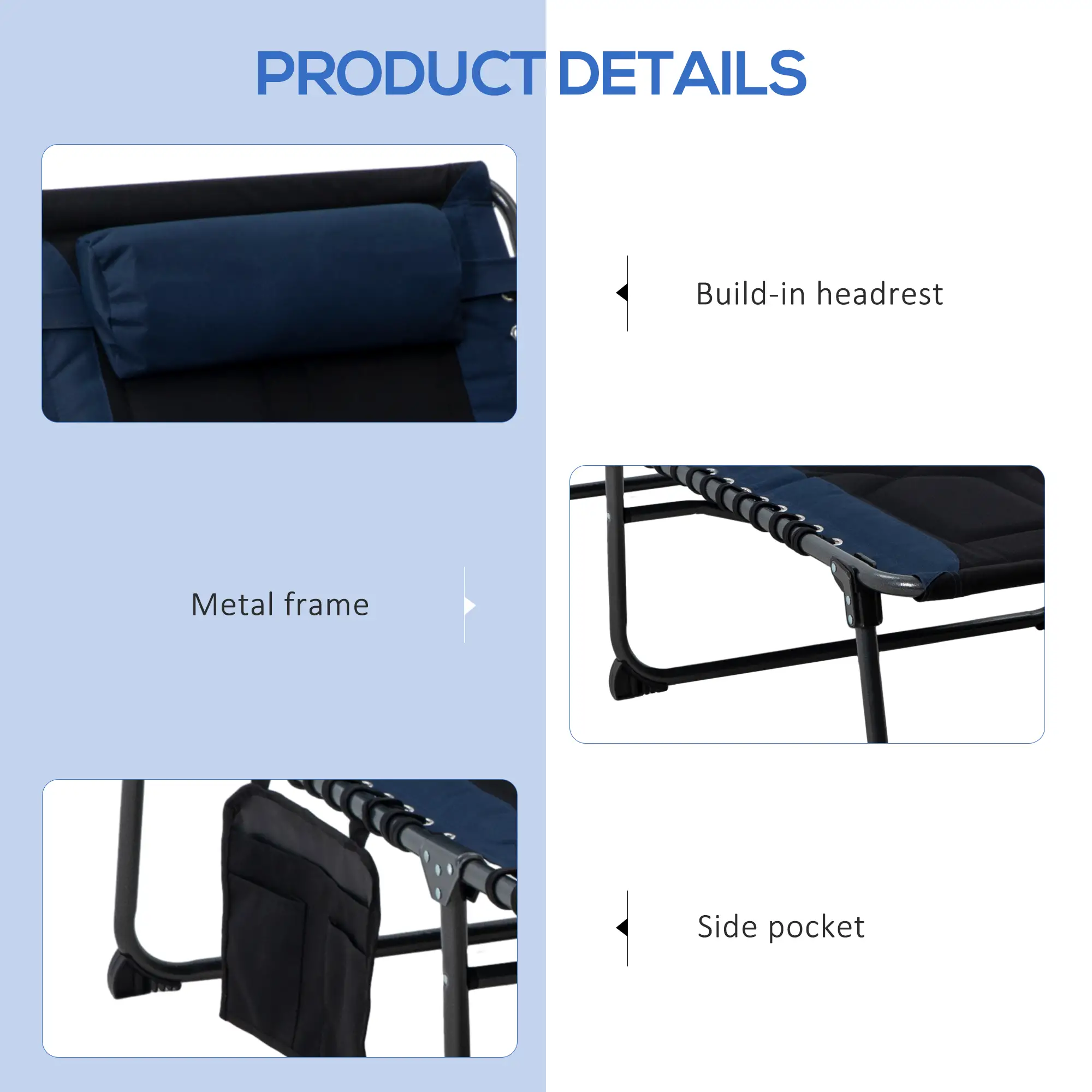 Folding Chaise Lounge, 5-Level Reclining, Outdoor Tanning Chair, Blue - Image 5