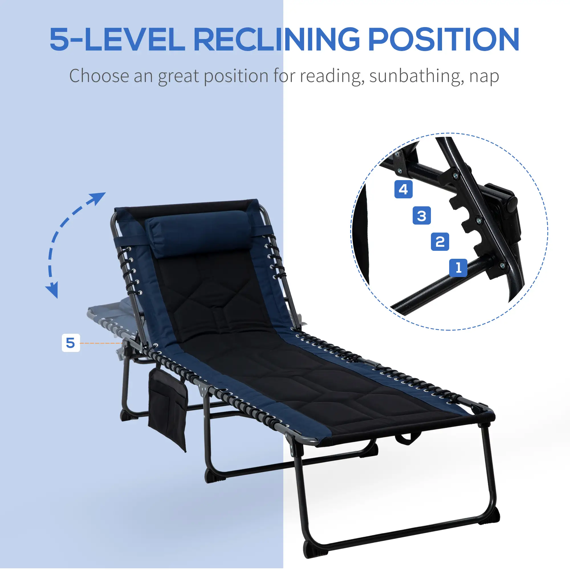 Folding Chaise Lounge, 5-Level Reclining, Outdoor Tanning Chair, Blue - Image 6
