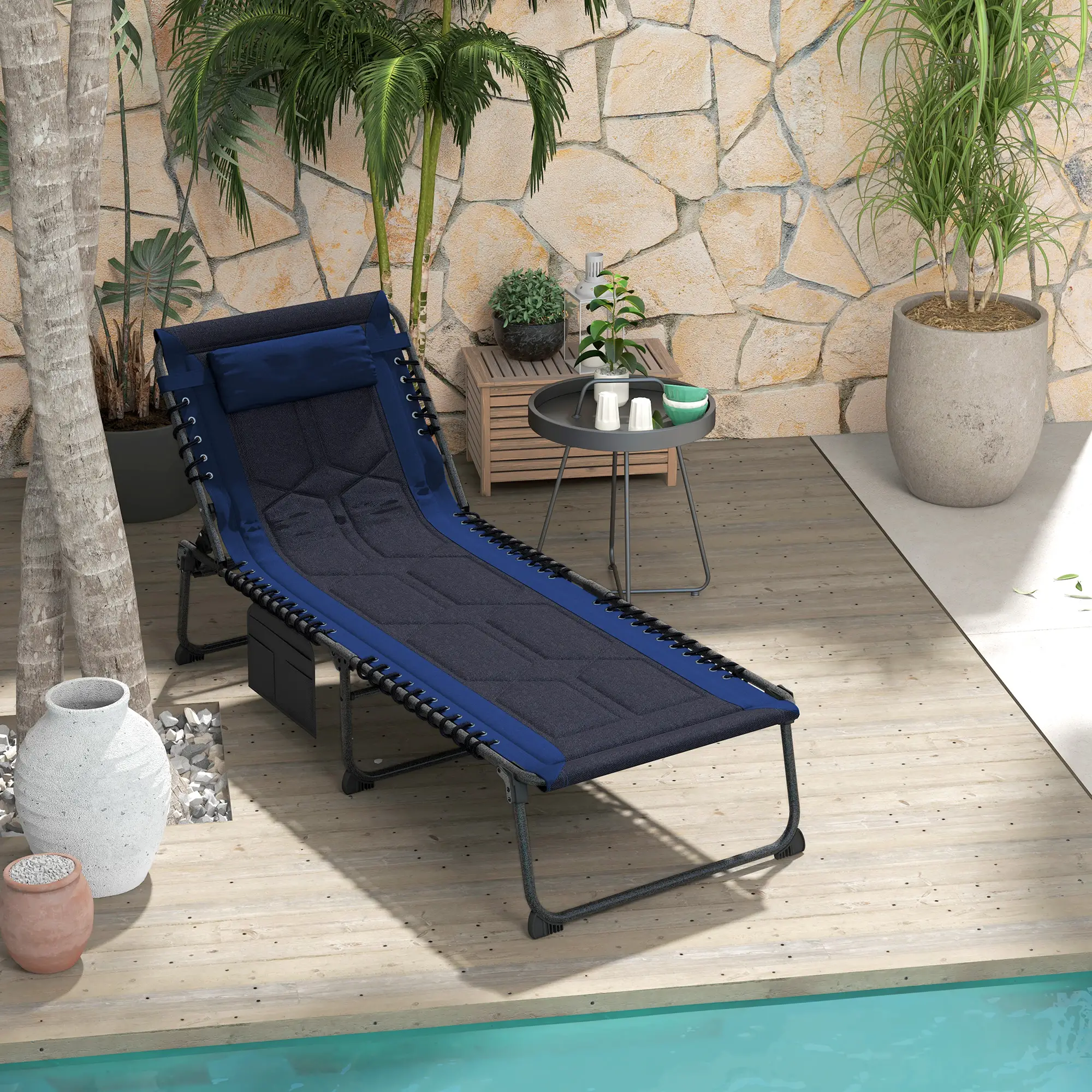 Folding Chaise Lounge, 5-Level Reclining, Outdoor Tanning Chair, Blue - Image 8