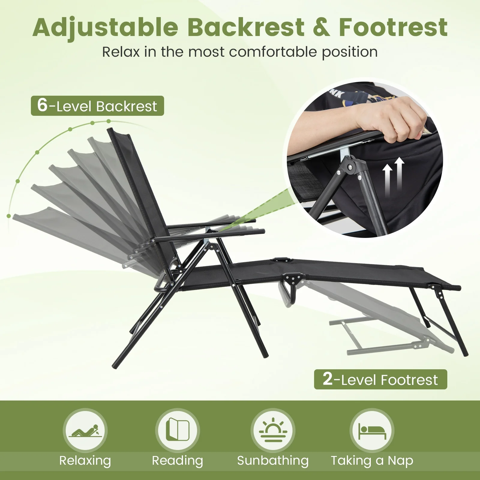 Folding Chaise Lounge Chair, 2 Piece, 6-Level Backrest, Black - Image 8