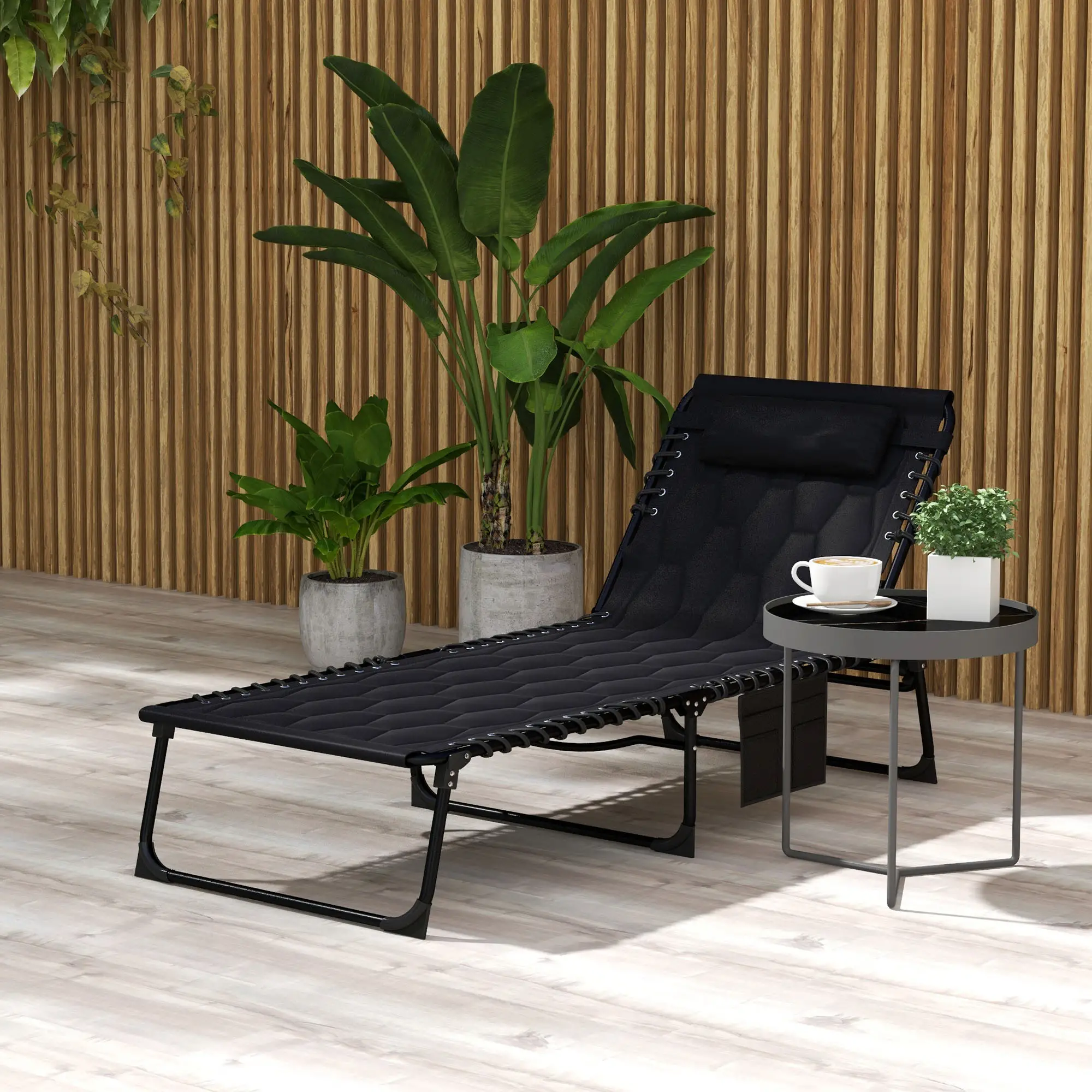 Folding Chaise Lounge, Reclining Back, 25.6" x 74" x 14.2", Black - Image 2