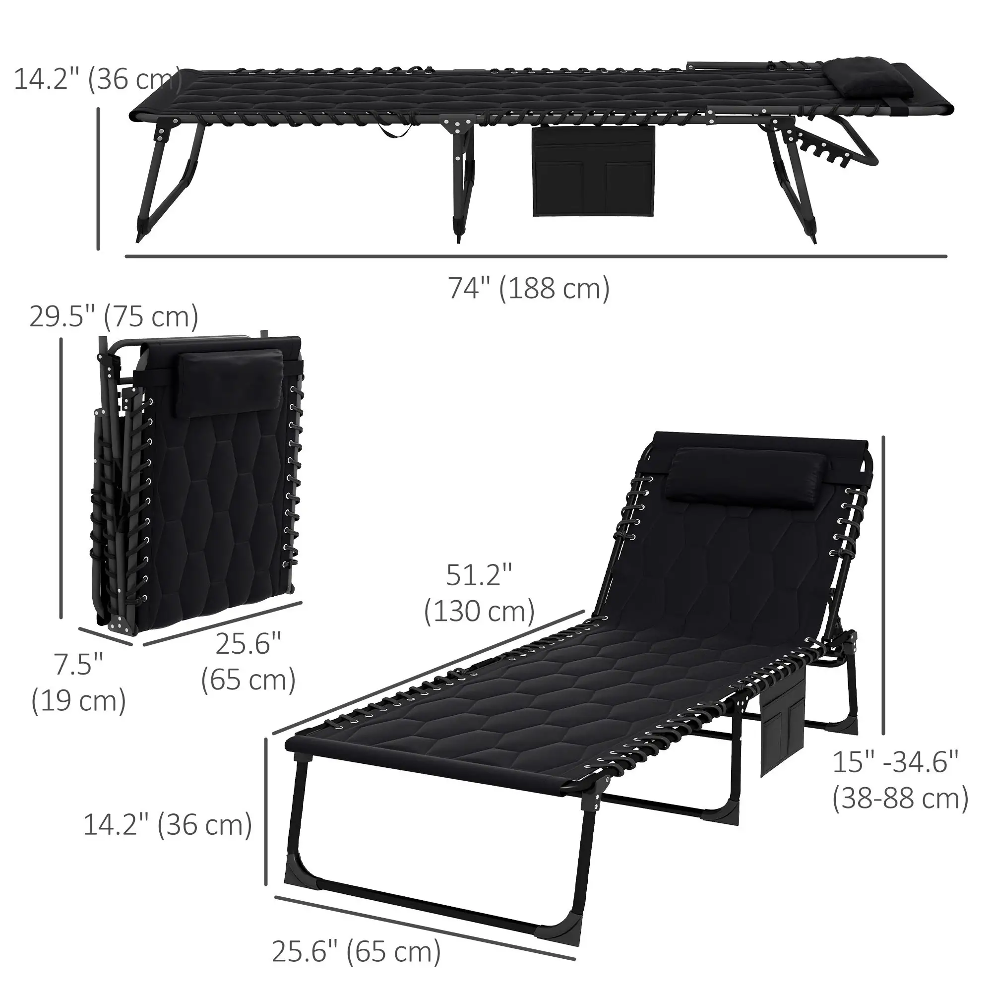 Folding Chaise Lounge, Reclining Back, 25.6" x 74" x 14.2", Black - Image 3