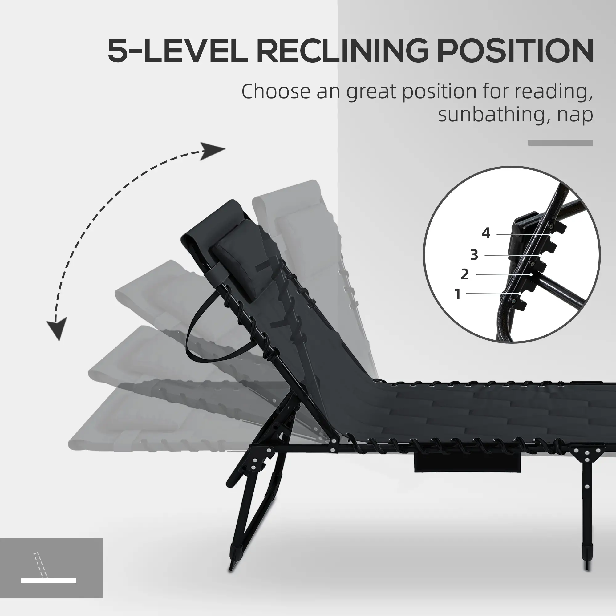 Folding Chaise Lounge, Reclining Back, 25.6" x 74" x 14.2", Black - Image 6